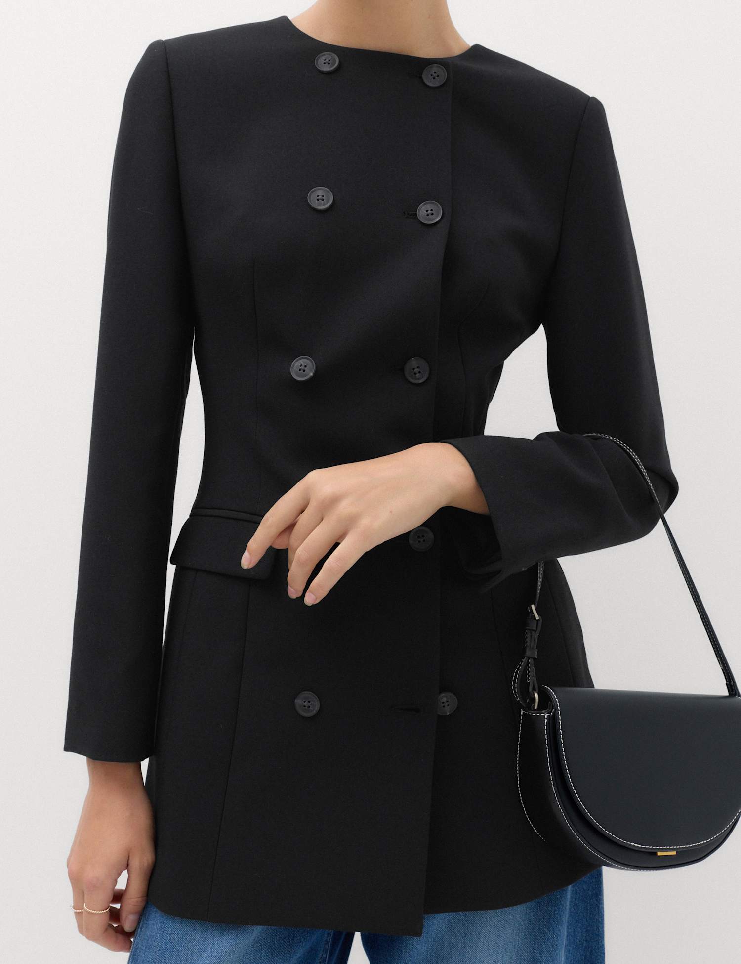 M&S Double Breasted Collarless Longline Blazer Black