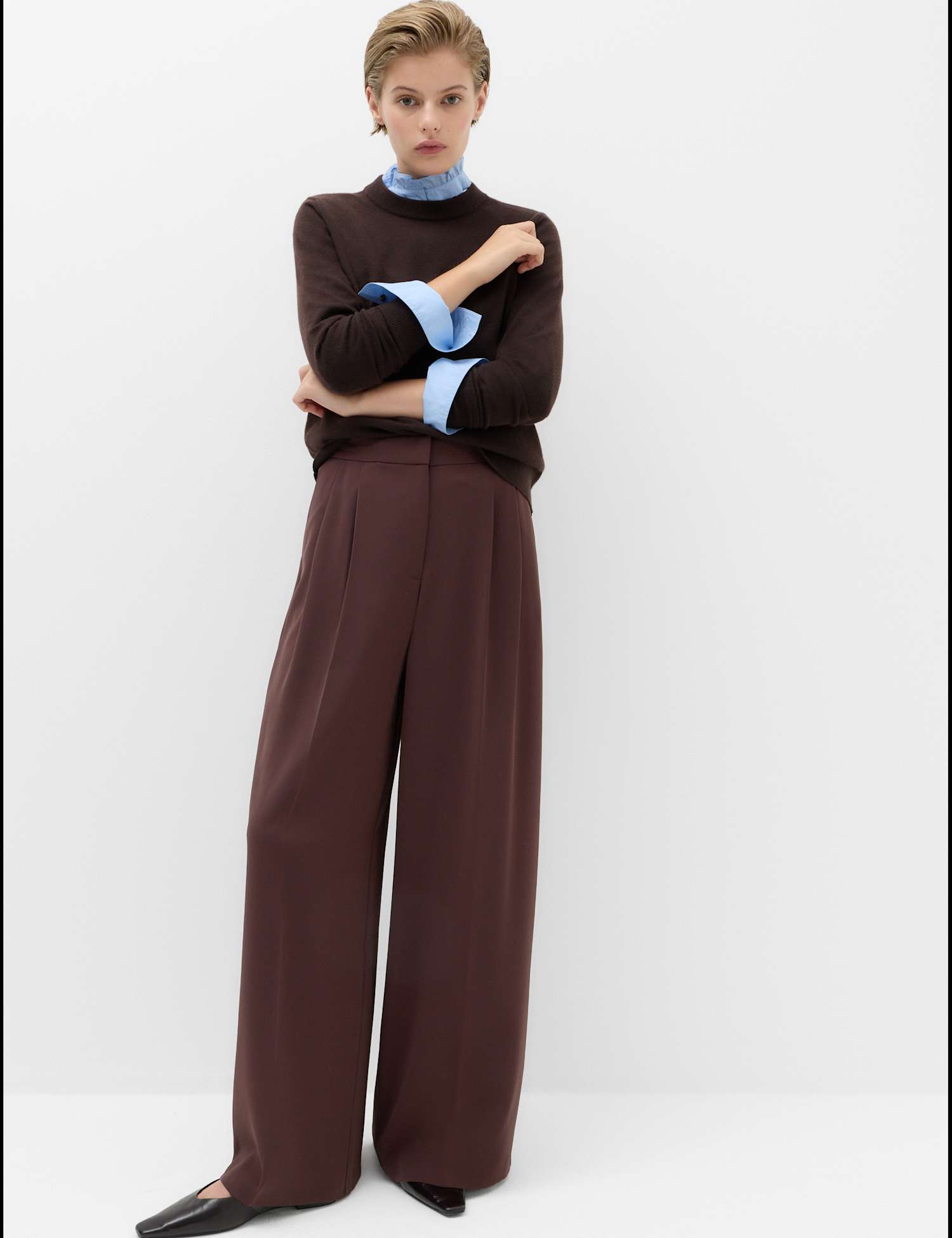 M&S Pleated Wide Leg Trousers Chocolate