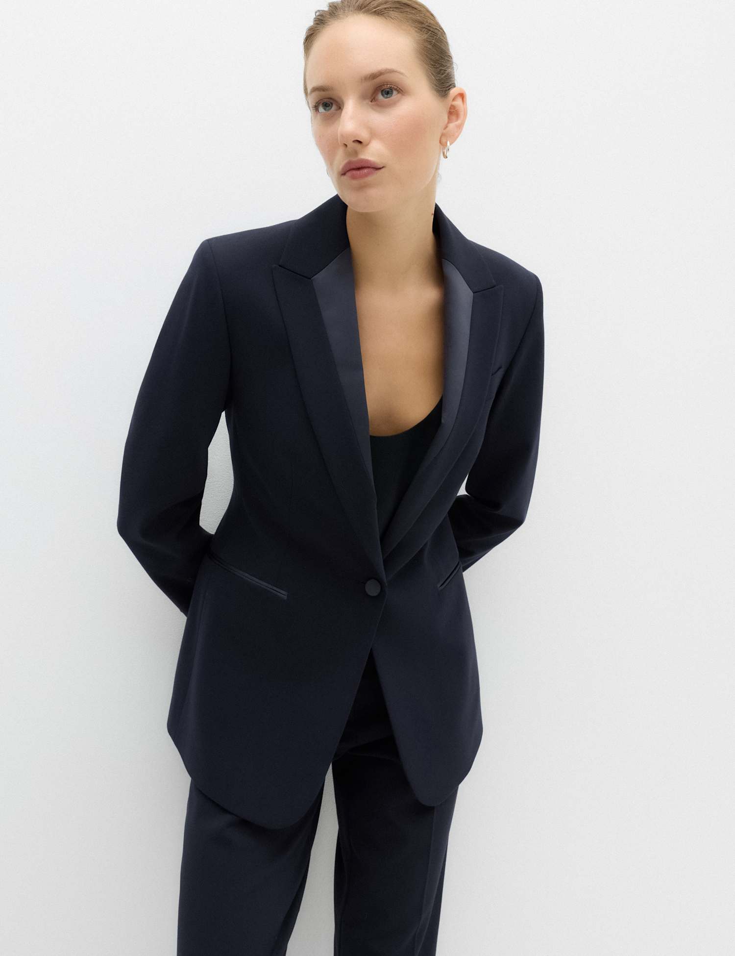 M&S Straight Single Breasted Satin Trim Blazer Midnight Navy
