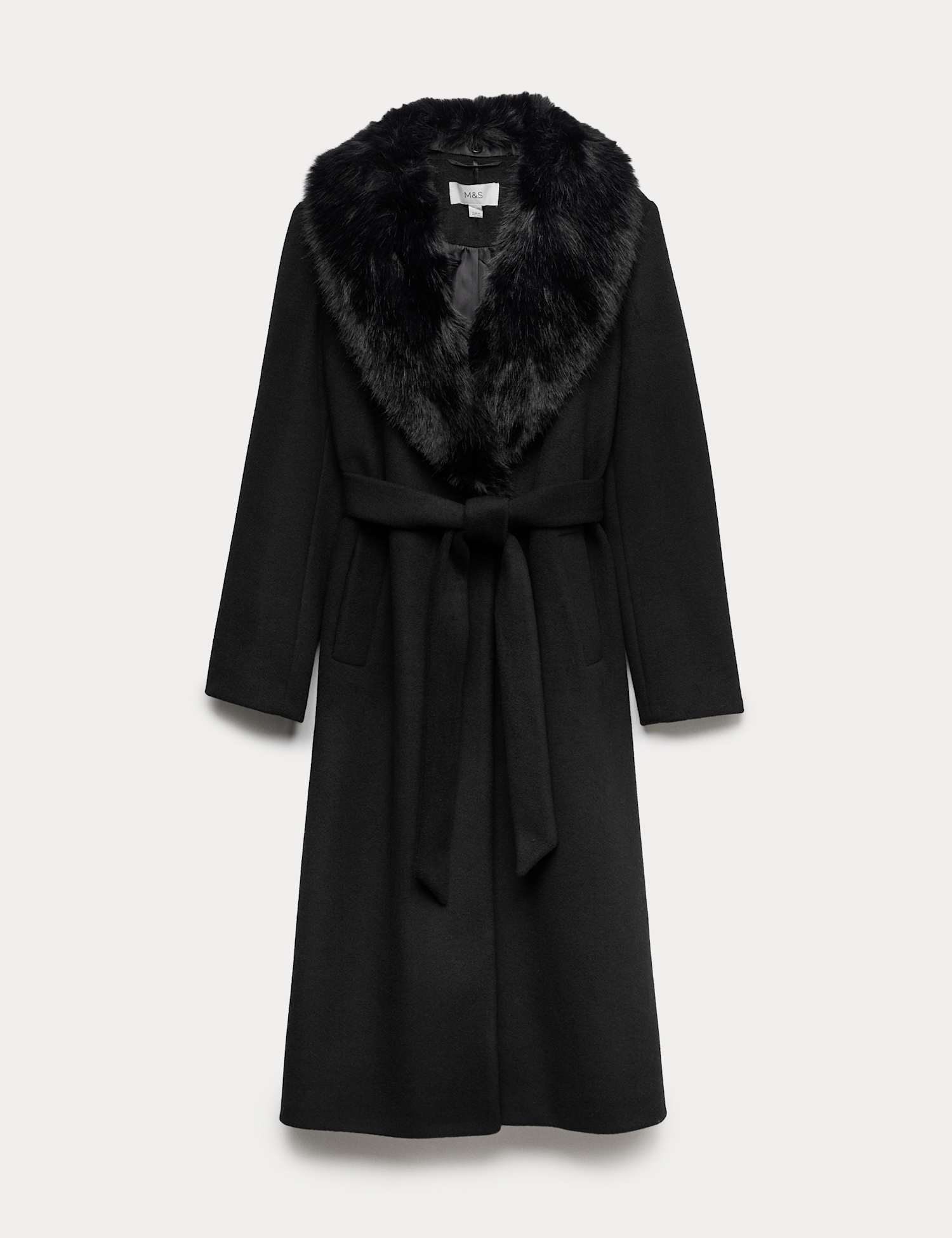 M&S Collared Faux Fur Trim Single Breasted Coat Black