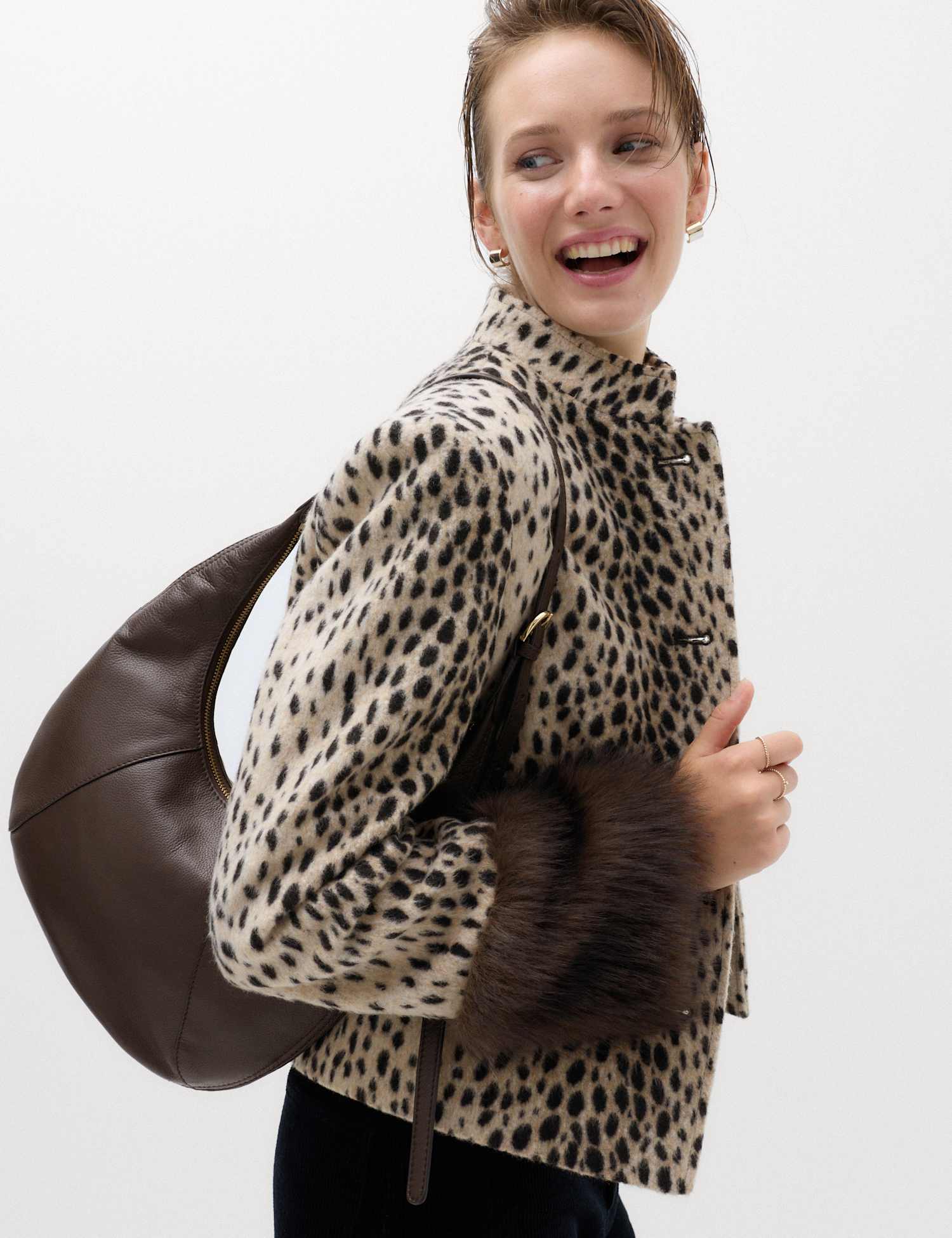 M&S Animal Print Faux Fur Trim Funnel Neck Coat Brown Mix