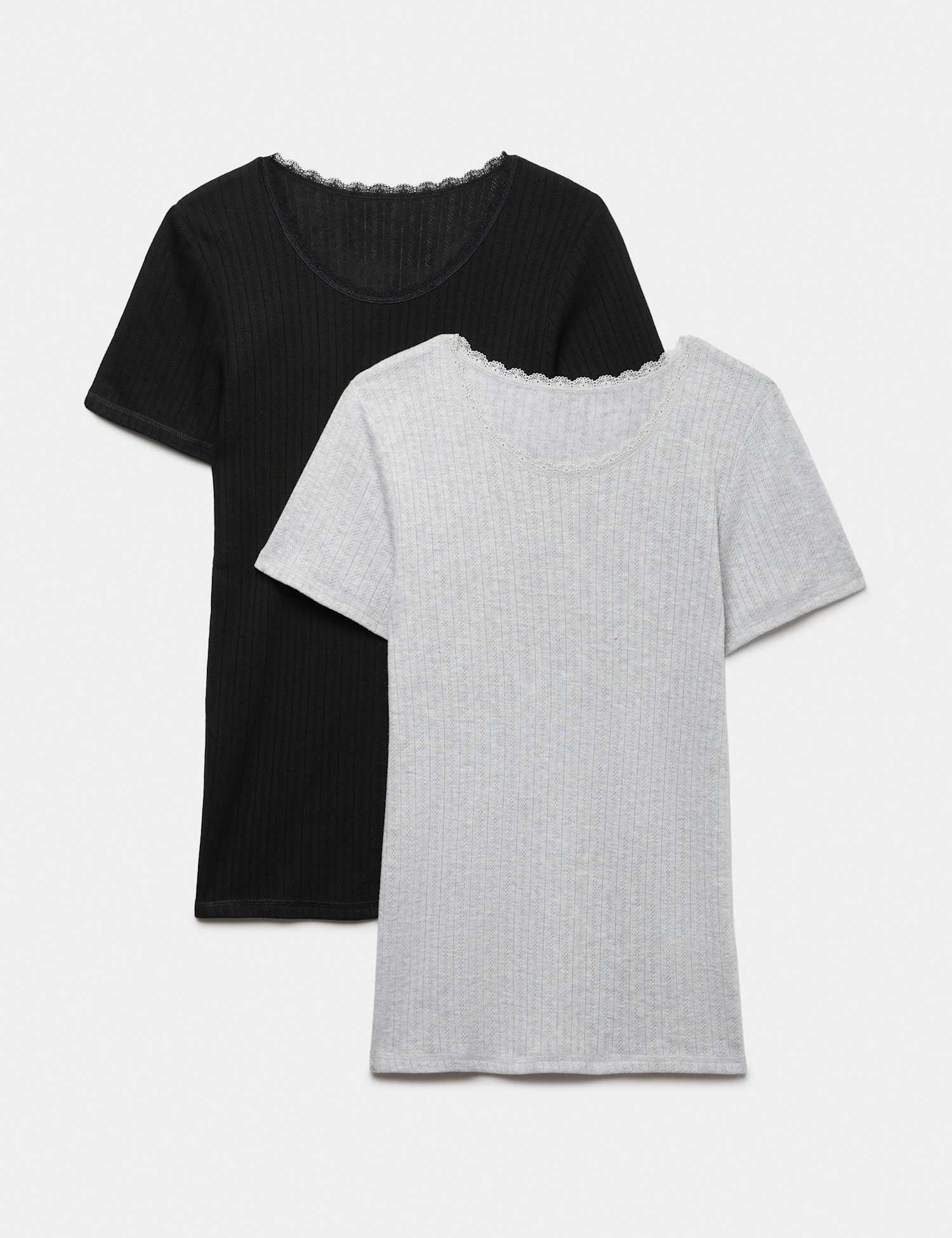 M&S 2 Pack Medium Warm Thermal Short Sleeve Pointelle Tops Black Mix