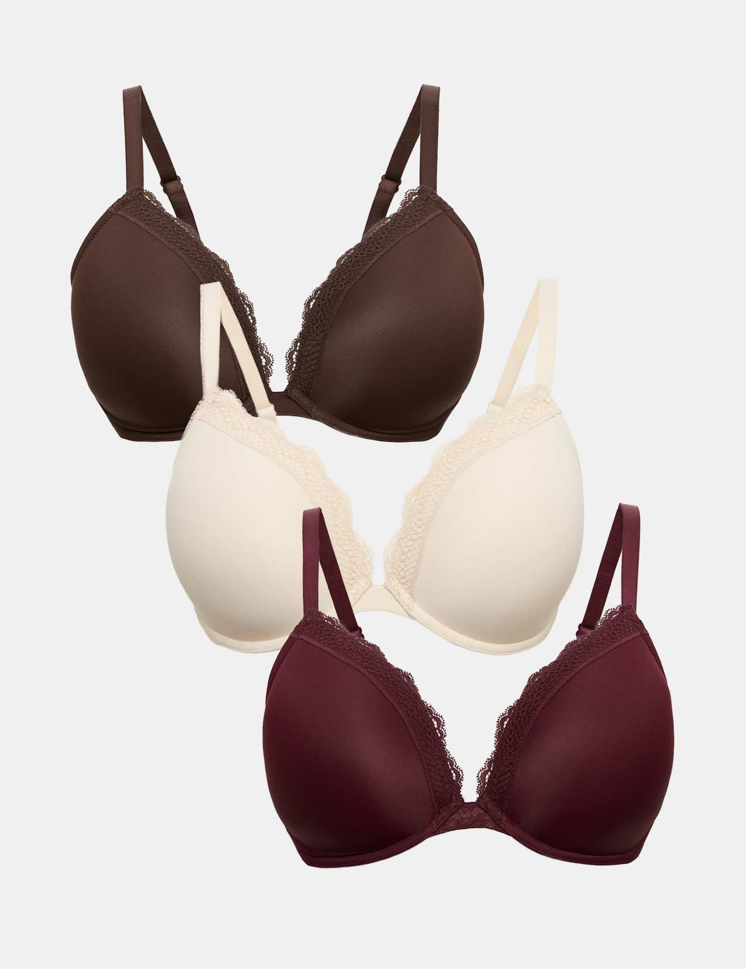 M&S 3pk Padded Wired Plunge Bras F-H Wine Mix