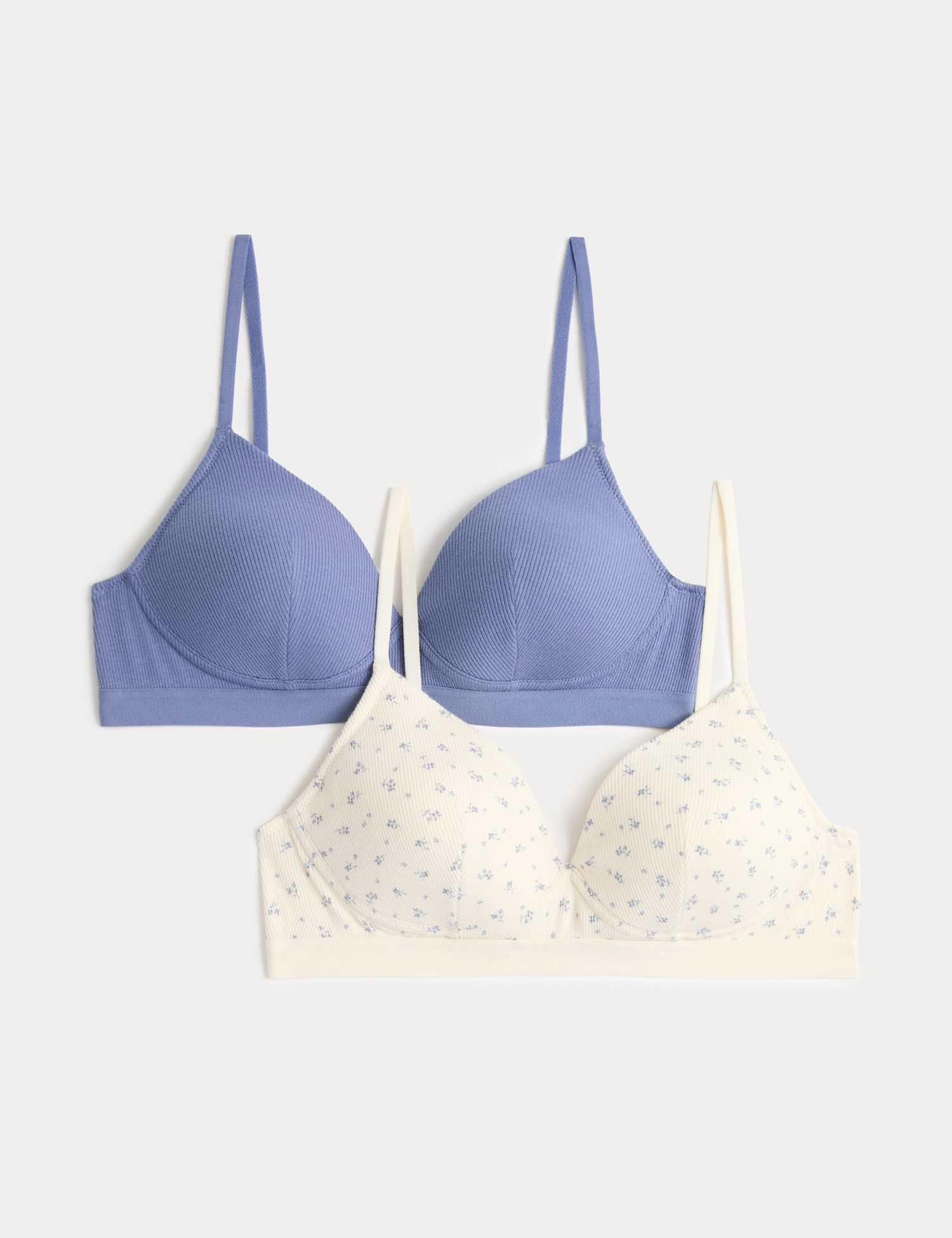 M&S 2 Pack Non Wired Cotton Rich Ribbed First Bras AA-D Blue Mix