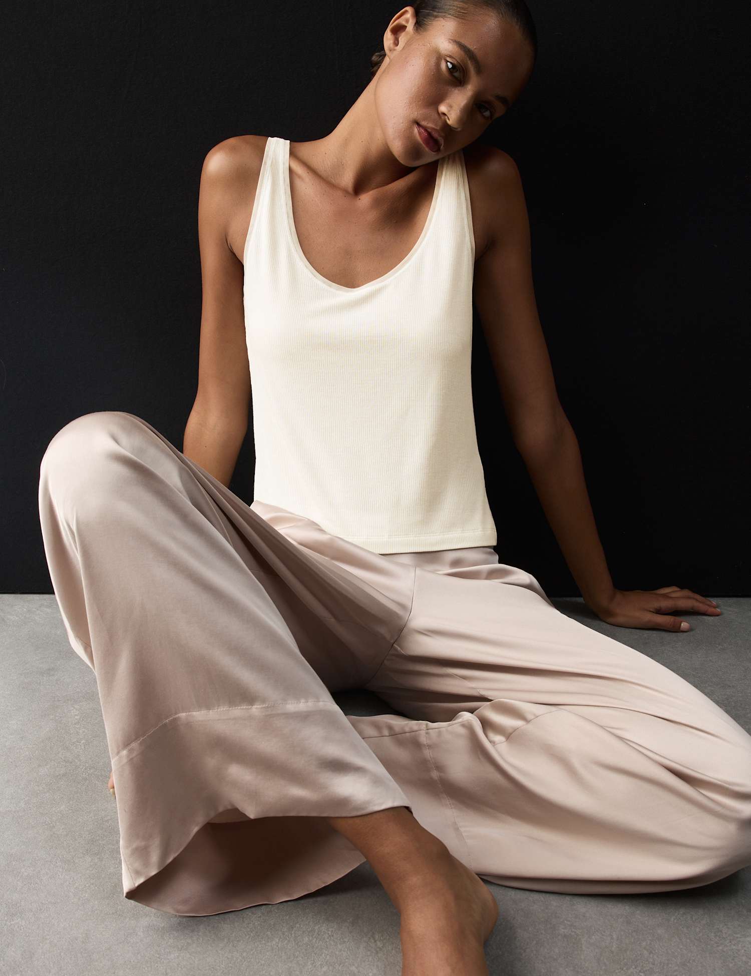 Autograph Modal Rich Ribbed Cami Pyjama Top Light Beige