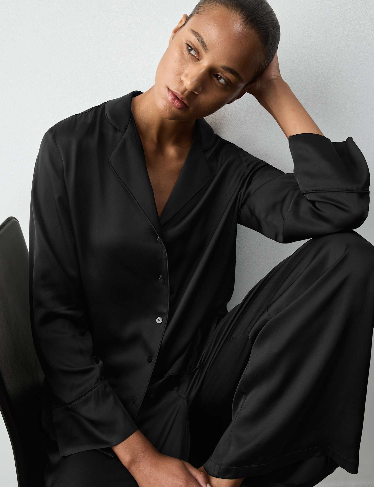 Autograph Premium Satin Revere Pyjama Top Black