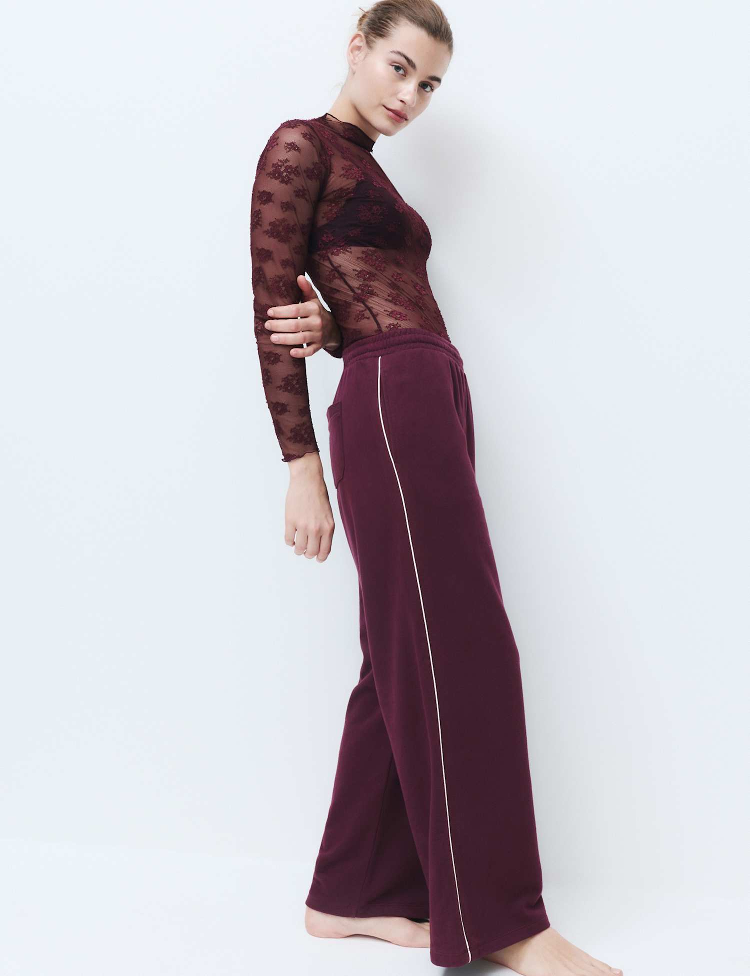 M&S Cotton Rich Loopback Wide Leg Joggers Burgundy
