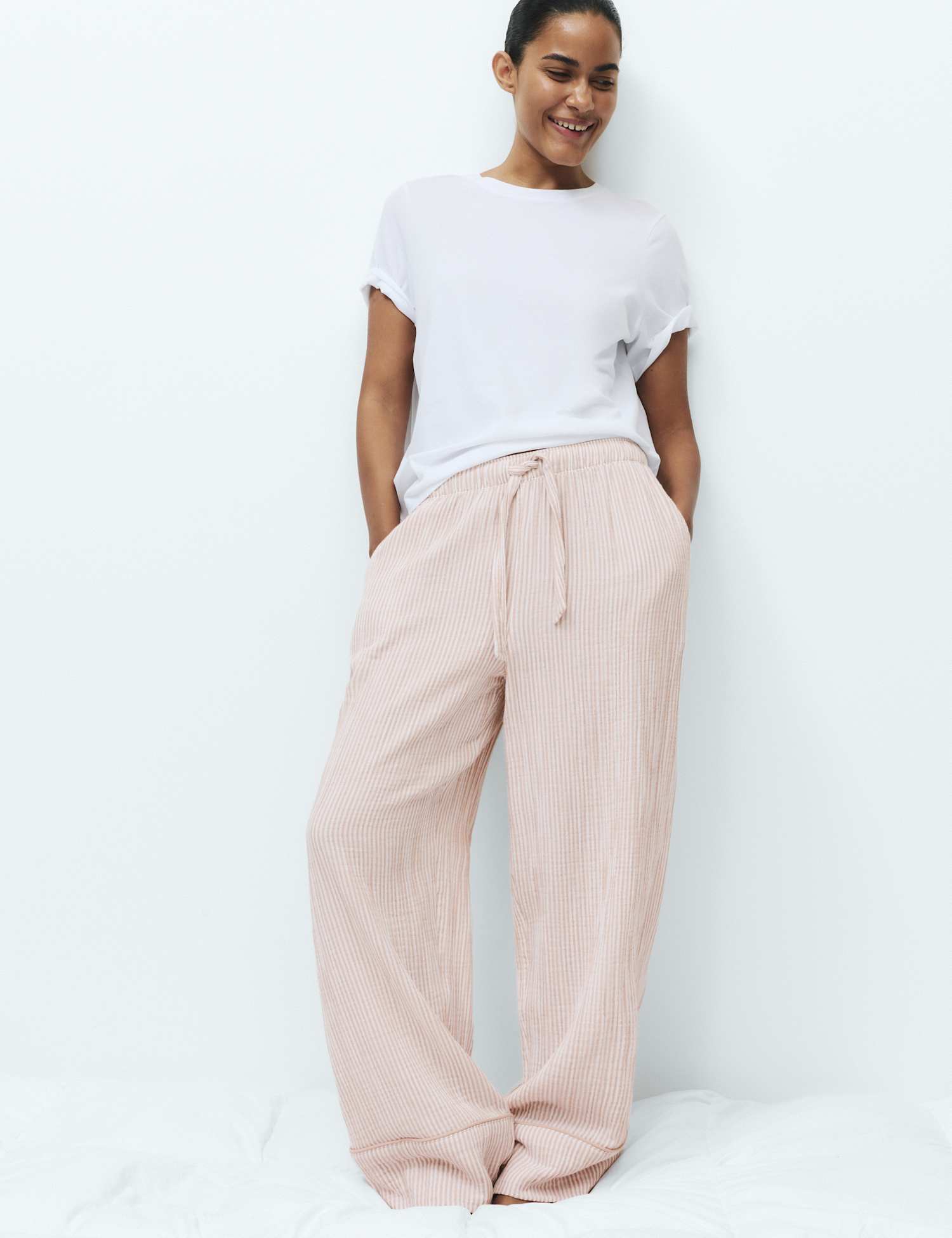 M&S Pure Cotton Striped Muslin Pyjama Bottoms Neutral