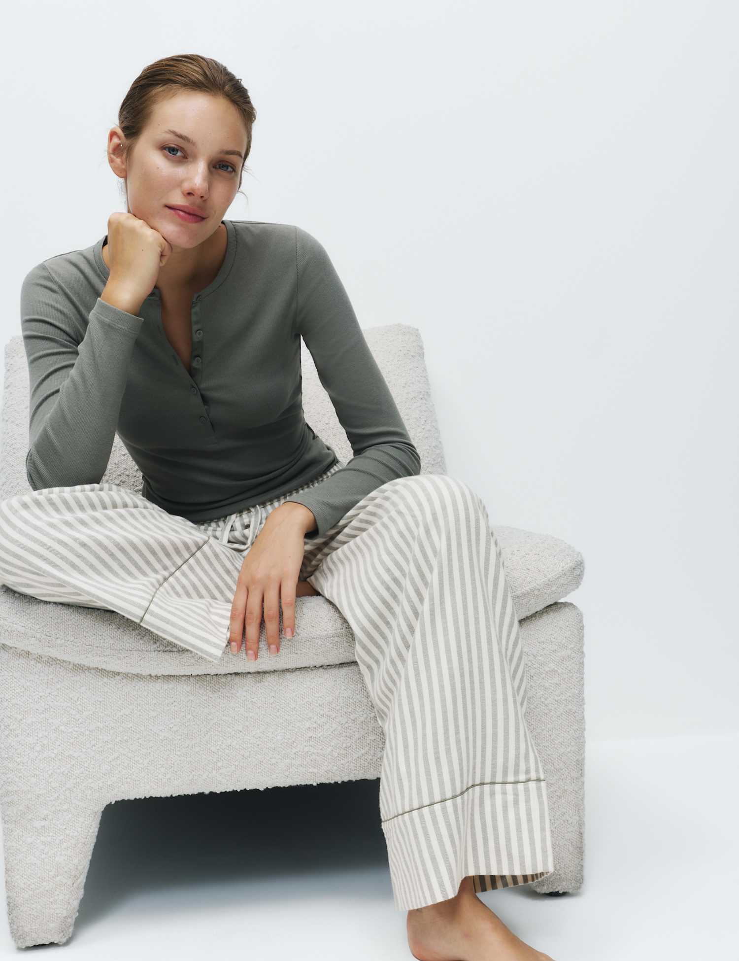 M&S Pure Cotton Striped Pyjama Bottoms Khaki Mix