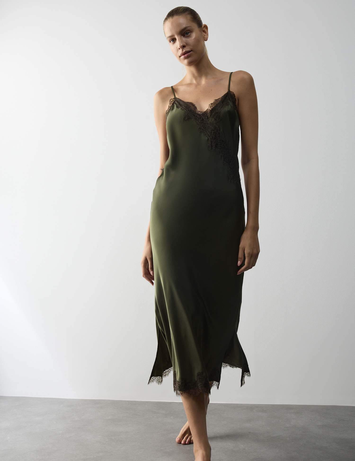 Autograph Satin & Lace Maxi Chemise Dark Khaki