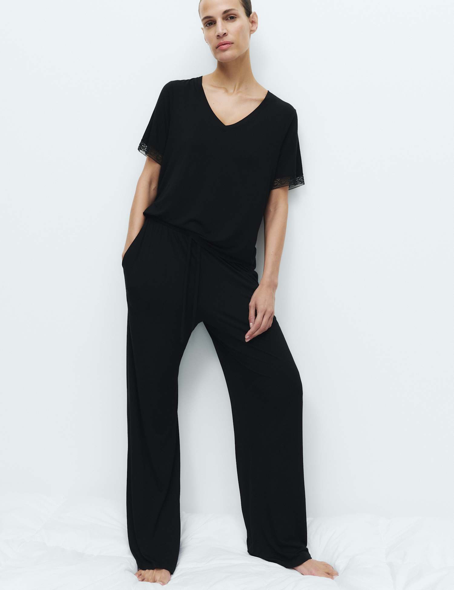 M&S Lace Trim Wide Leg Pyjama Set Black