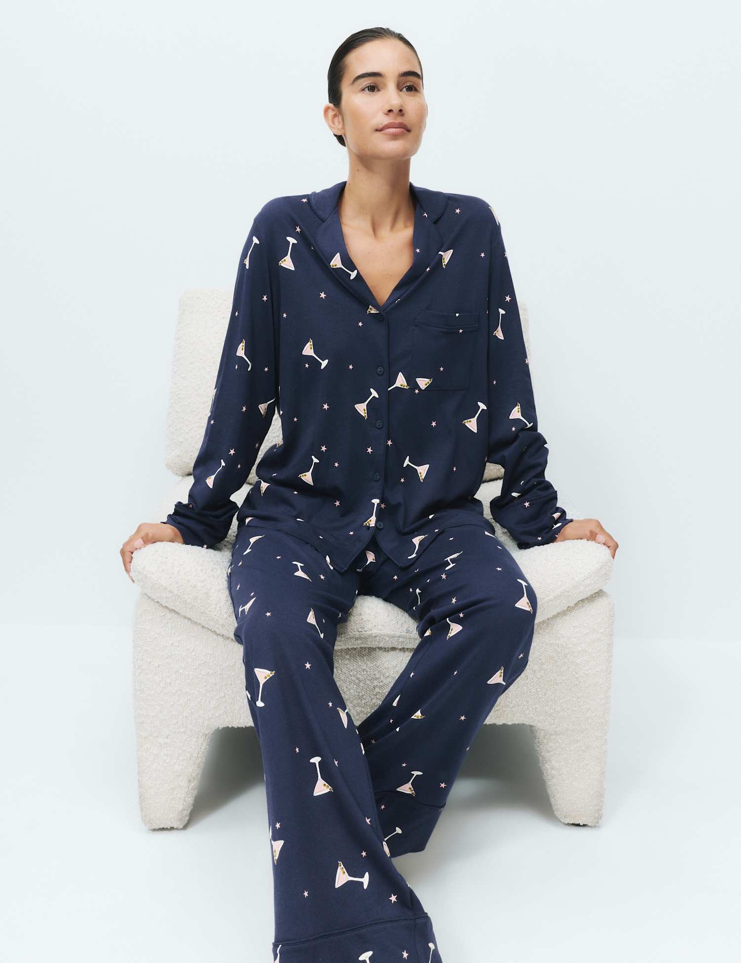 M&S Cotton Modal Printed Revere Long Pyjama Set Indigo Mix