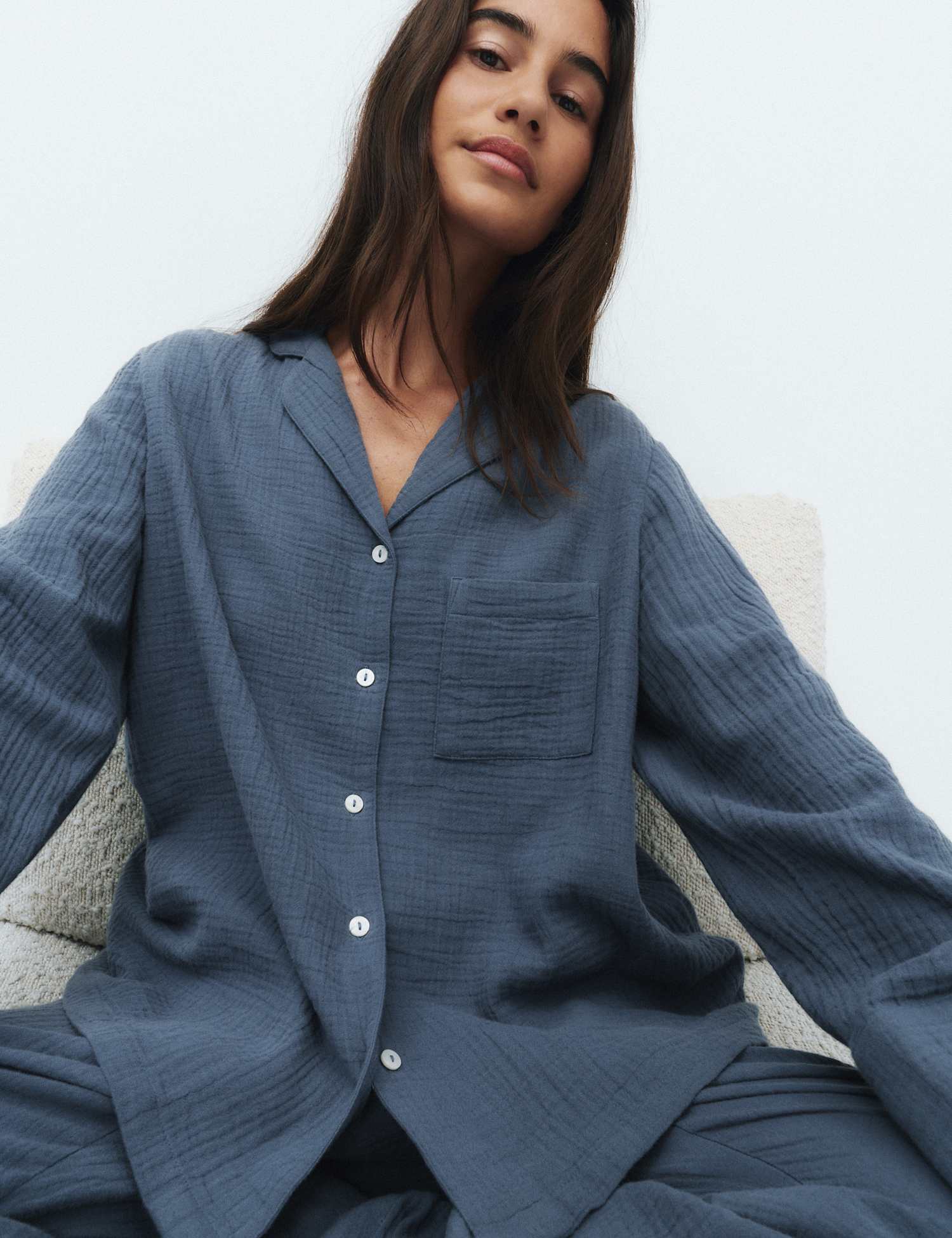 M&S Cool Comfort� Pure Cotton Muslin Pyjama Set Steel Blue