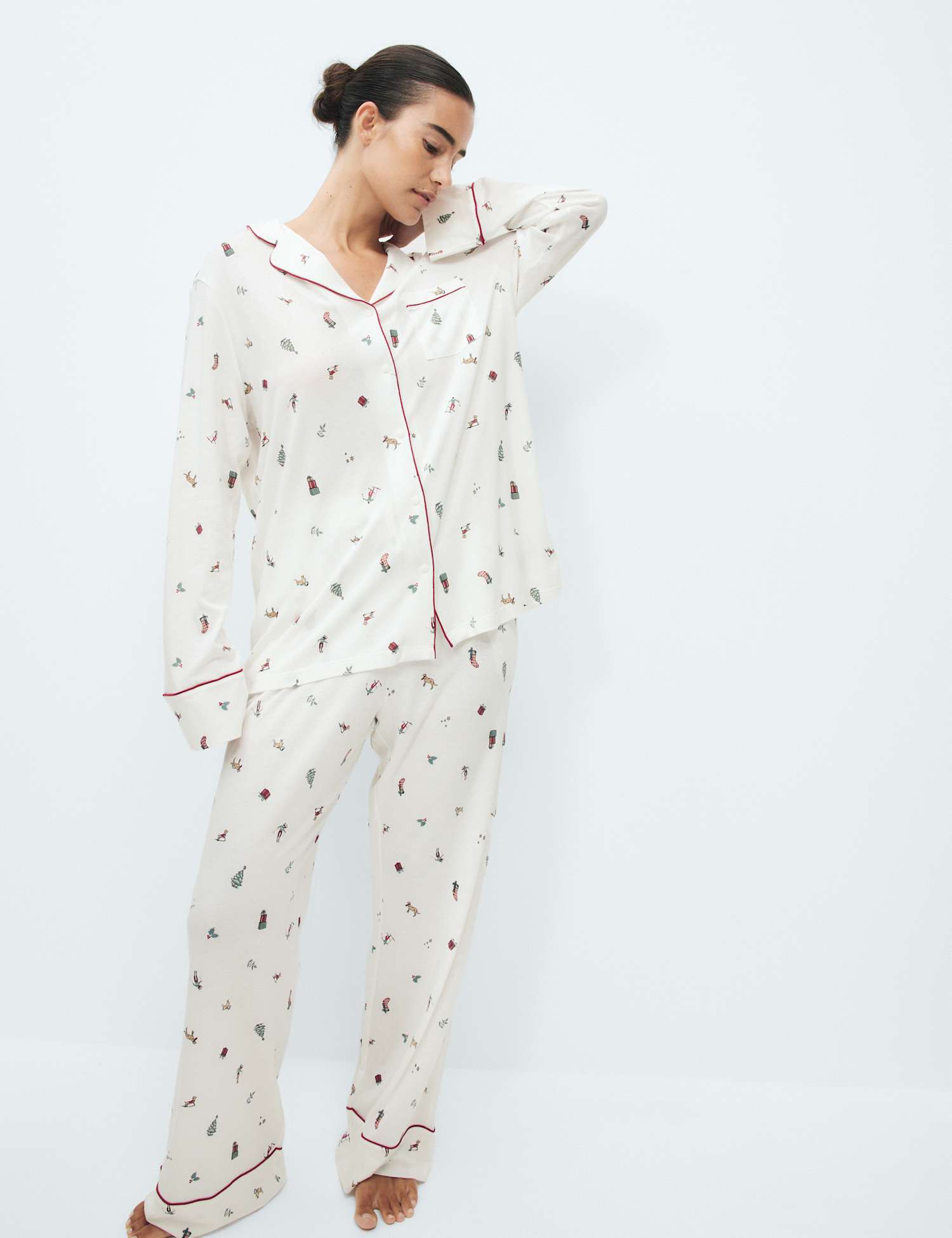 M&S Cotton Modal Printed Matching Family Christmas Pyjamas Ivory Mix