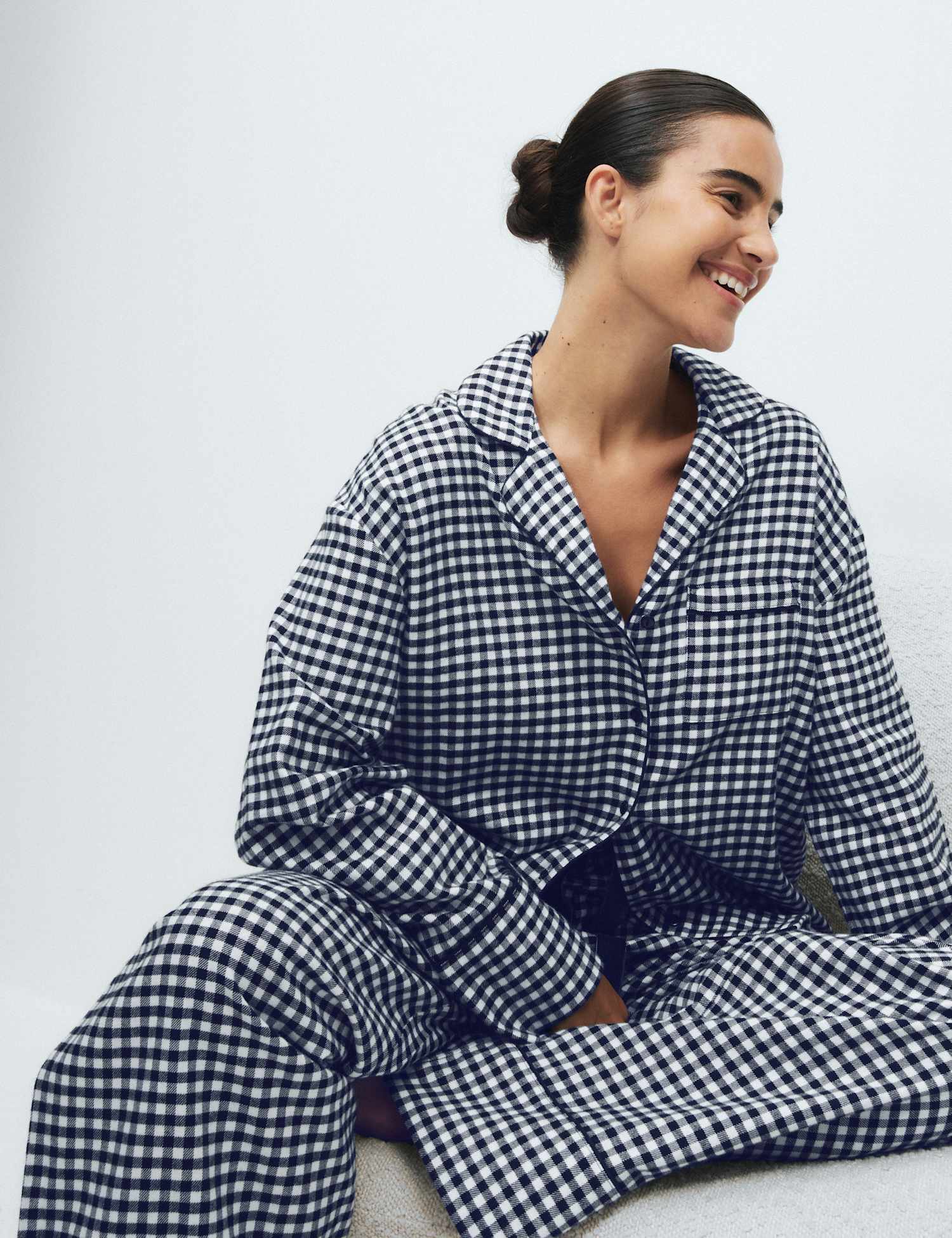 M&S Pure Cotton Gingham Revere Pyjama Set Navy Mix