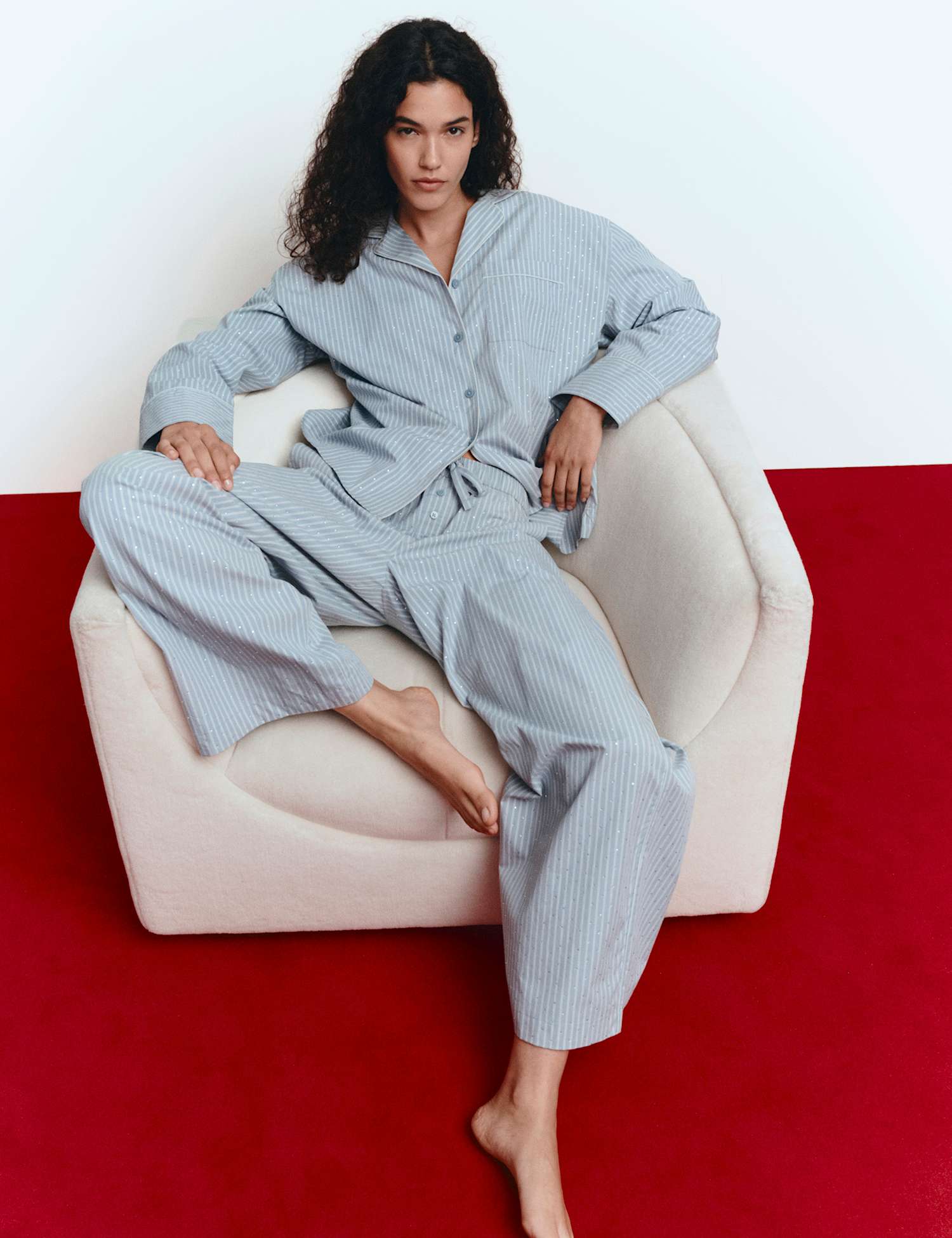M&S Pure Cotton Embellished Pyjama Shirt Blue Mix