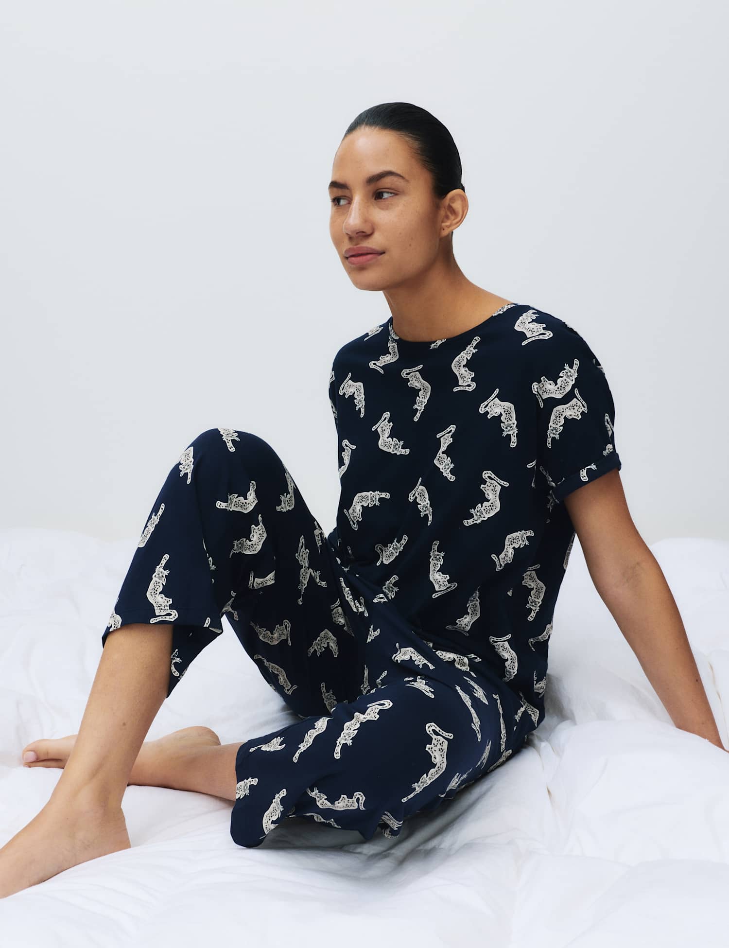 M&S Cotton Rich Printed Cropped Pyjama Set Navy Mix