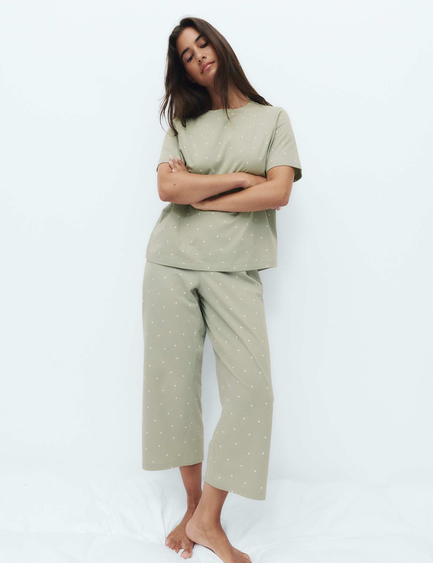 M&S Cotton Rich Printed Cropped Pyjama Set Soft Green