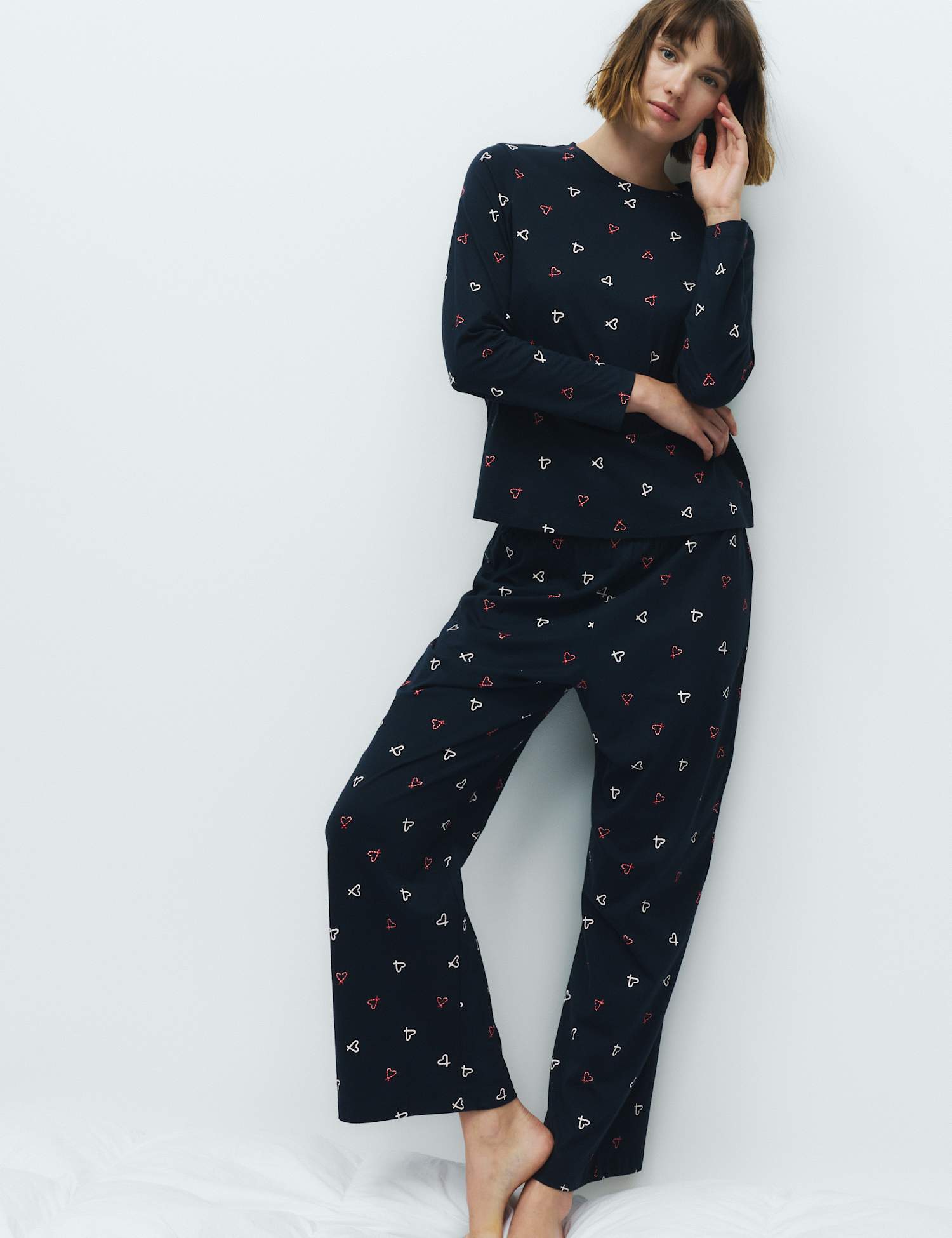 M&S Pure Cotton Printed Pyjama Set Navy Mix
