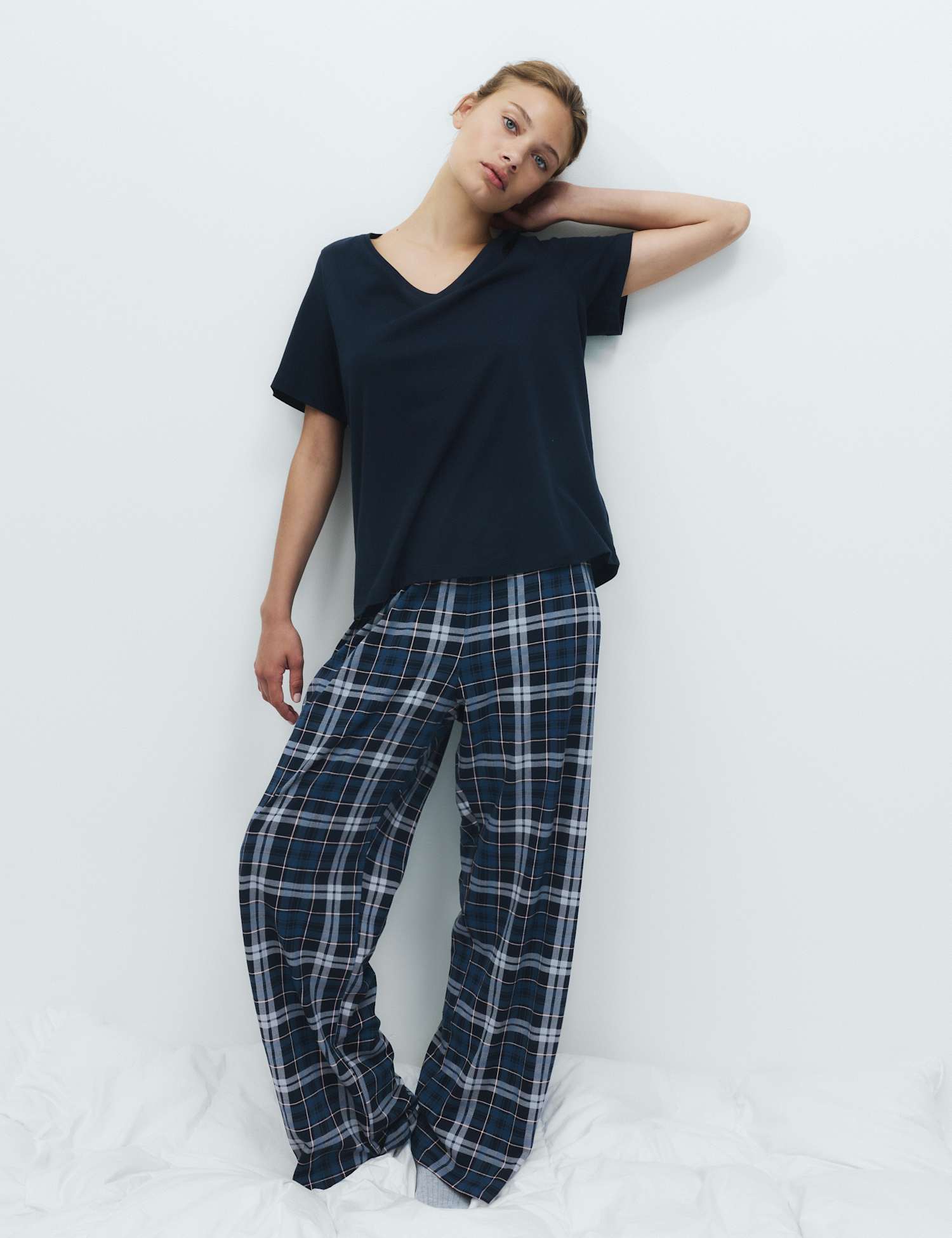M&S Pure Cotton Printed V Neck Pyjama Set Navy Mix