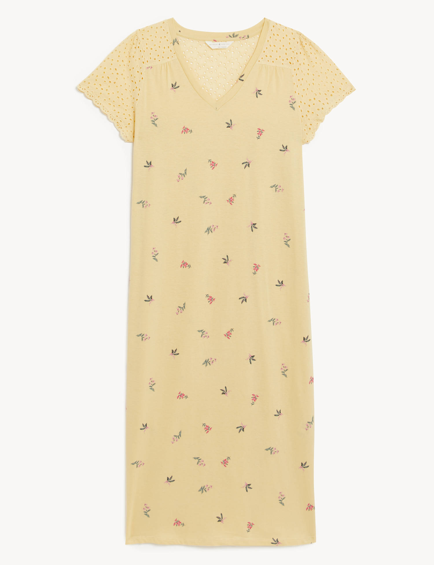 M&S Pure Cotton Floral Broderie Long Nightdress Yellow Mix