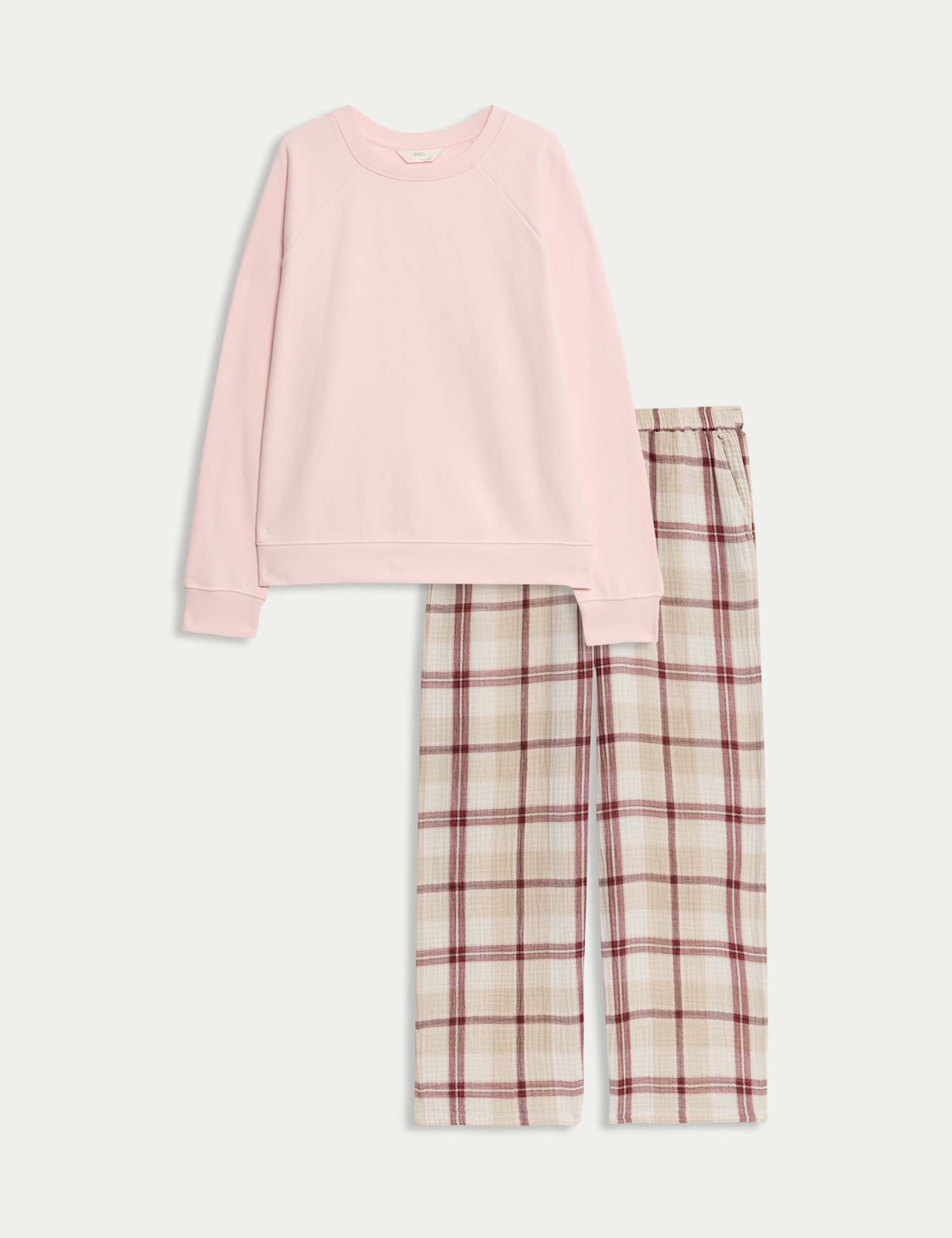 M&S Cotton Rich Checked Pyjama Set Light Pink