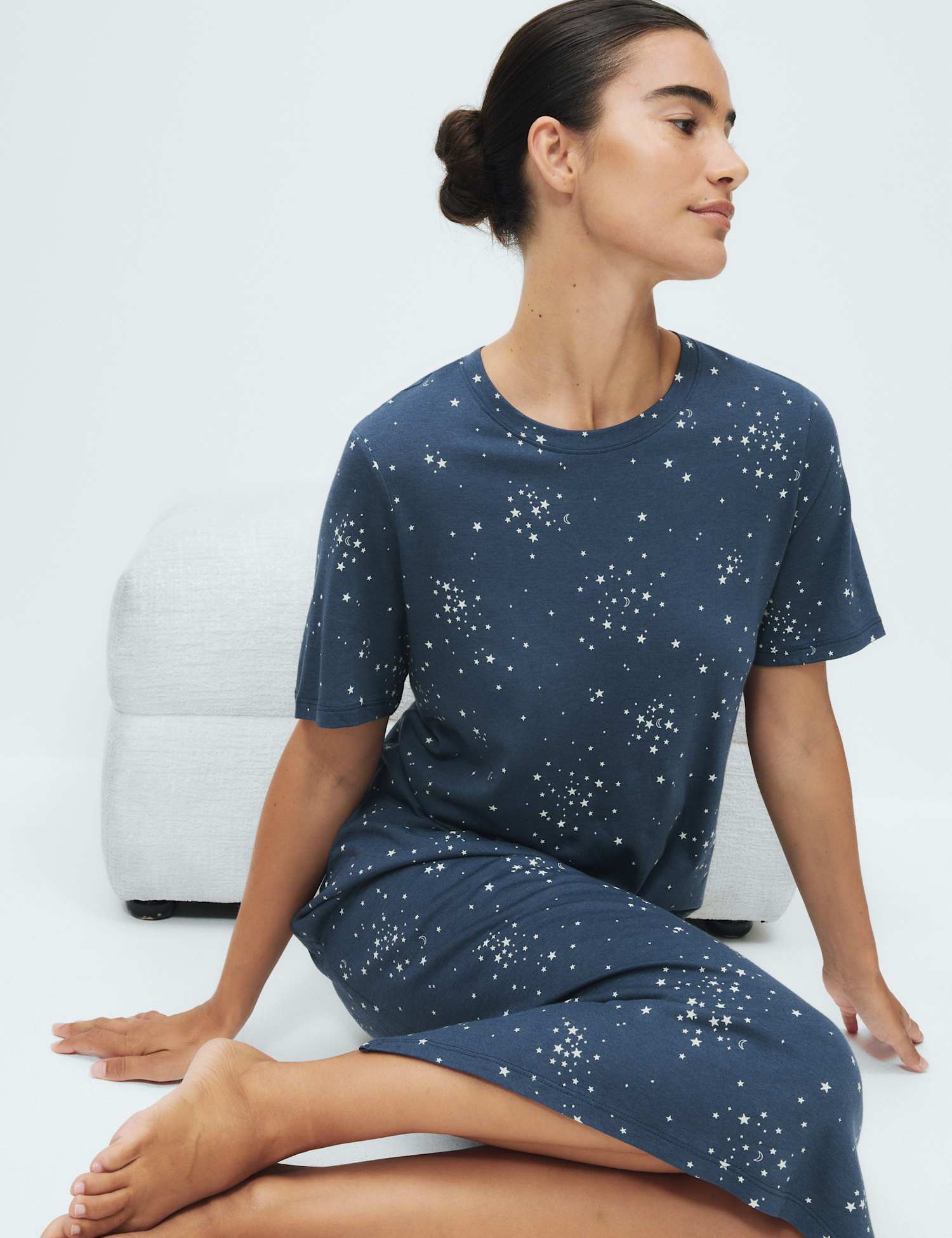 M&S Cotton Modal Printed Long Nightdress Dark Blue