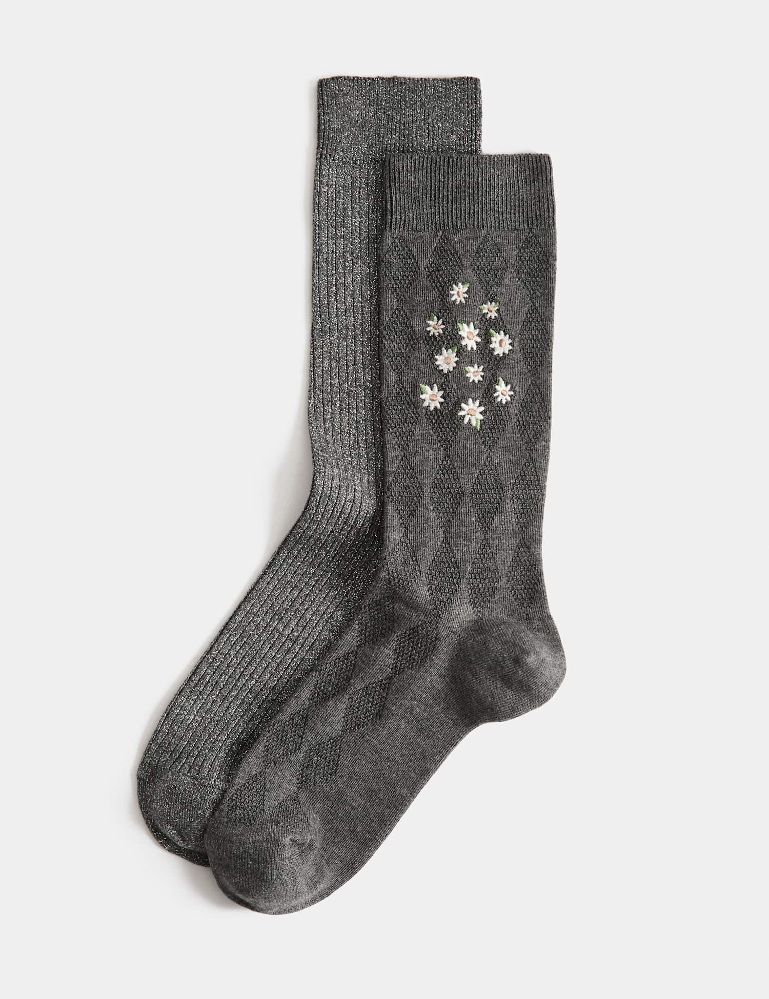 M&S 2 Pack Embroidered Ankle High Socks Charcoal Mix