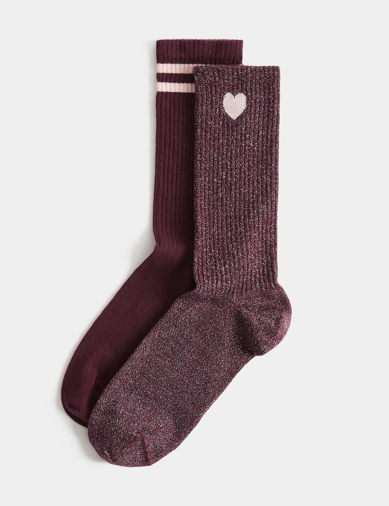 M&S 2 Pack Cotton Rich Sparkle Crew Socks Burgundy Mix