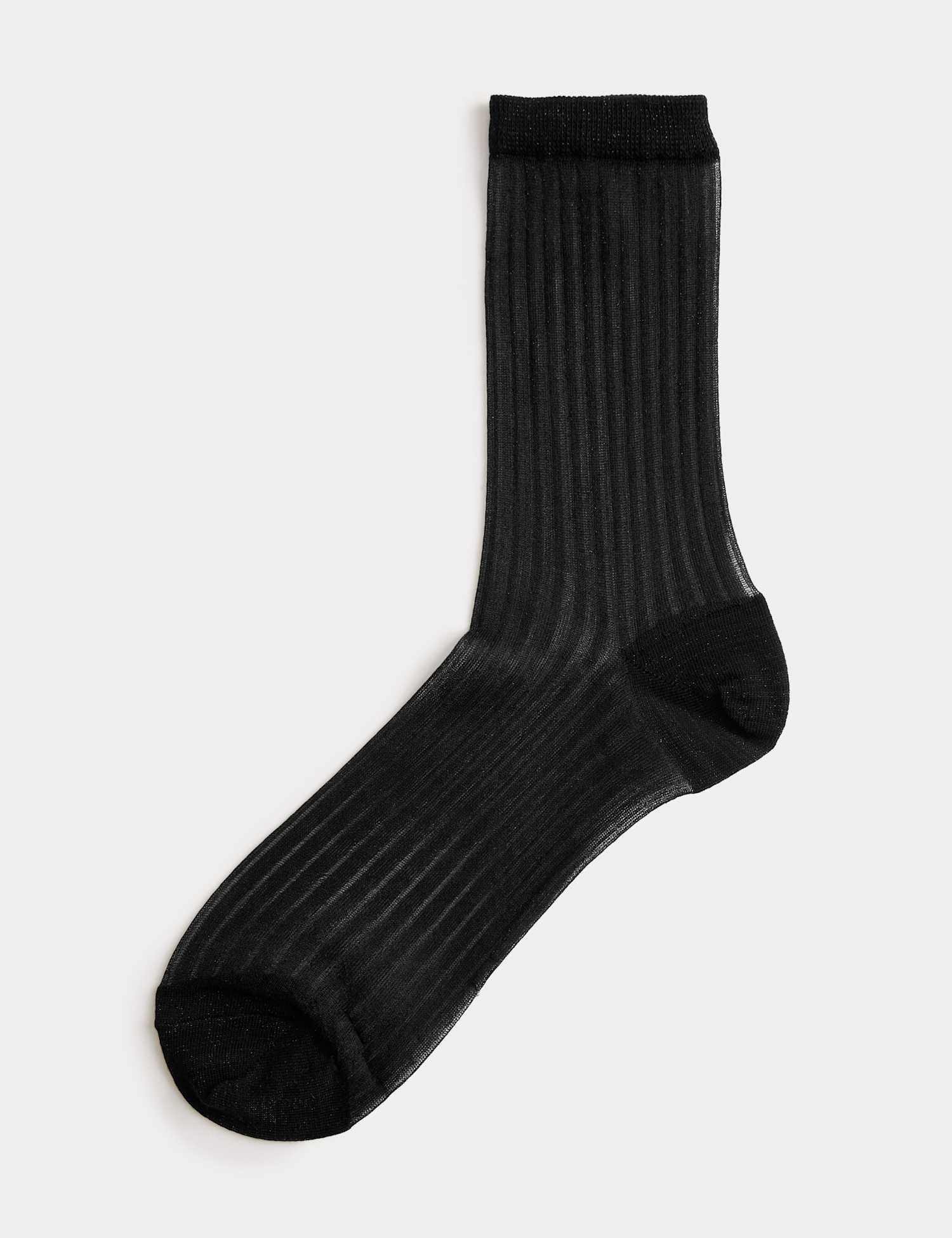 M&S Cotton Blend Sheer Ribbed Sparkly Crew Socks Black