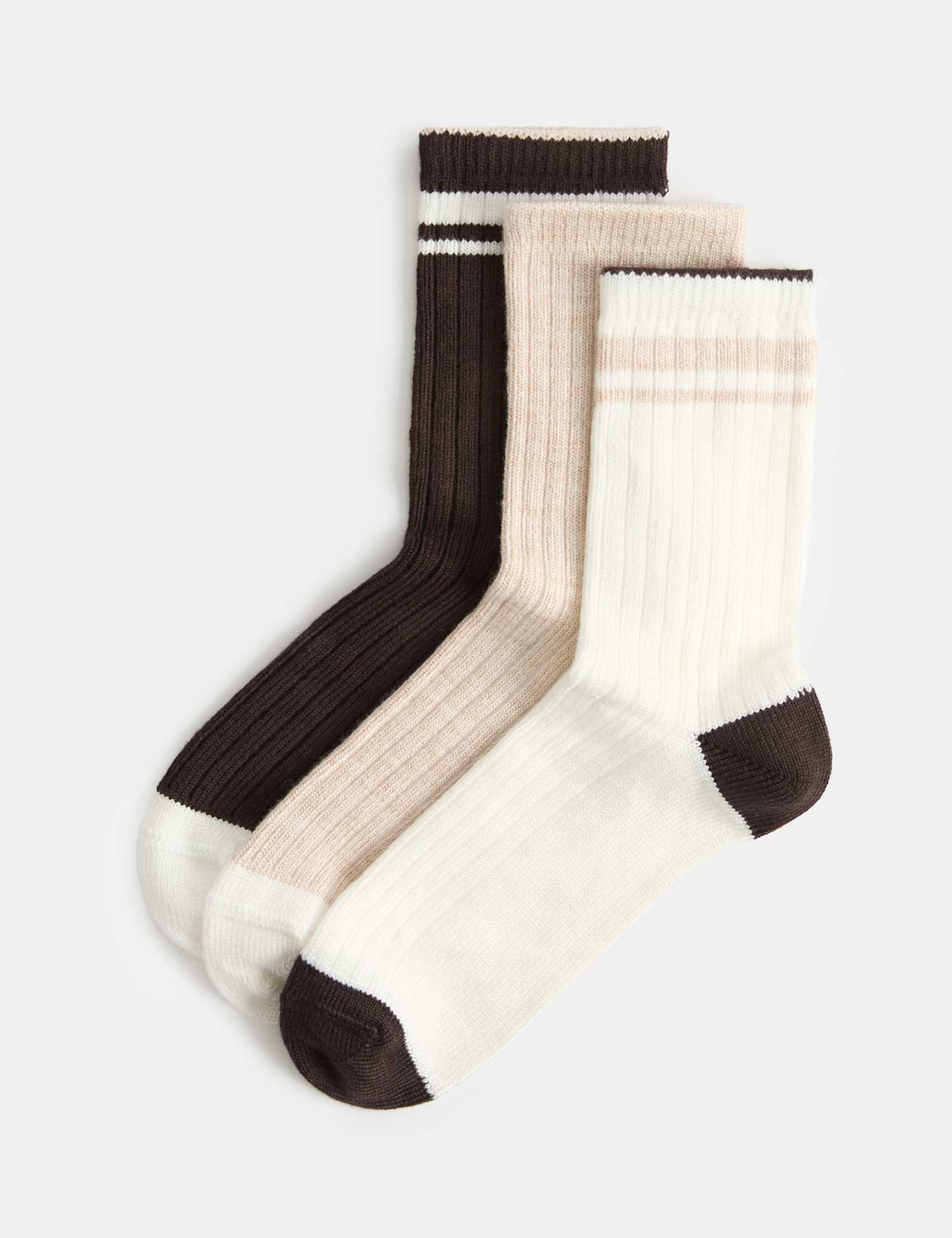 M&S 3 Pack Thermal Super Soft Striped Crew Socks Brown Mix