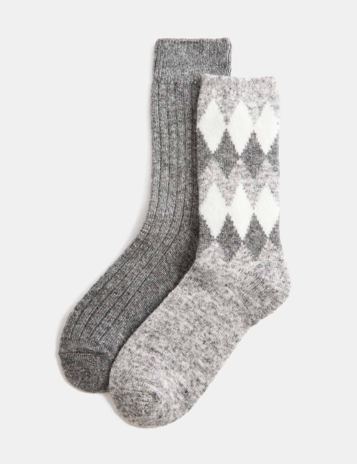 M&S 2 Pack Thermal Harlequin Boot Socks Grey Mix