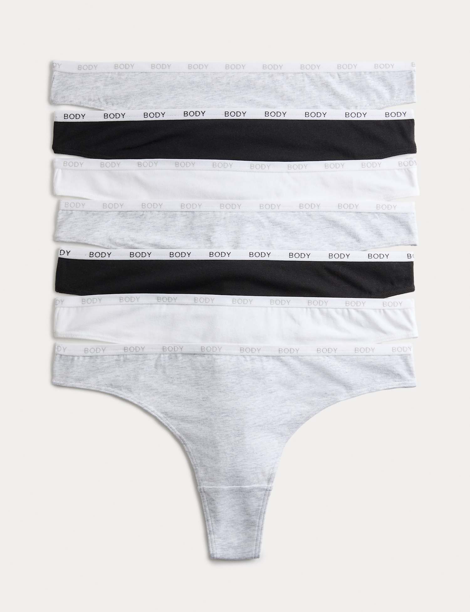Body by M&S 7 Pack Cotton Rich Logo Waistband Thongs Grey Mix