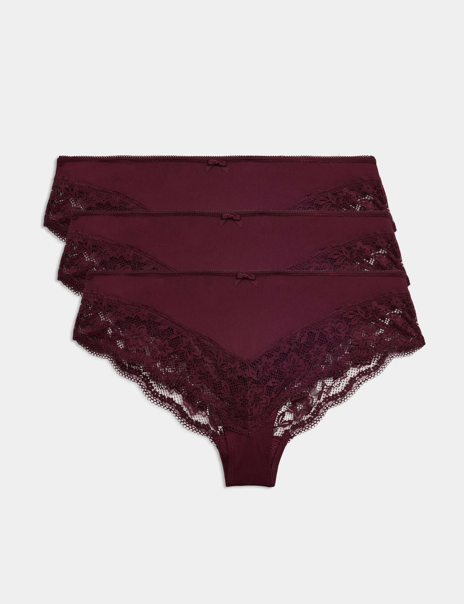 M&S 3 Pack Jasmine Lace Trim Brazilian Knickers Dark Wine