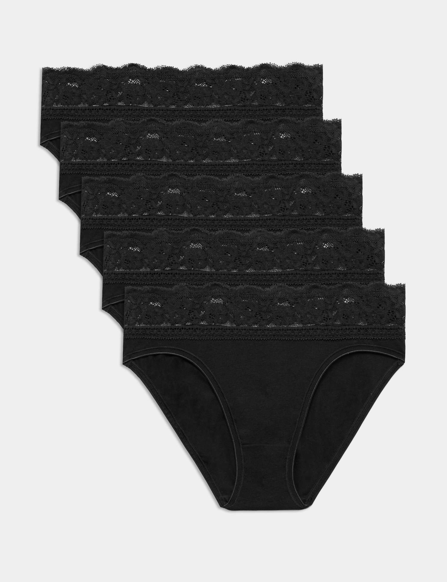 M&S 5pk Cotton Lycra� High Leg & Lace Knickers Black
