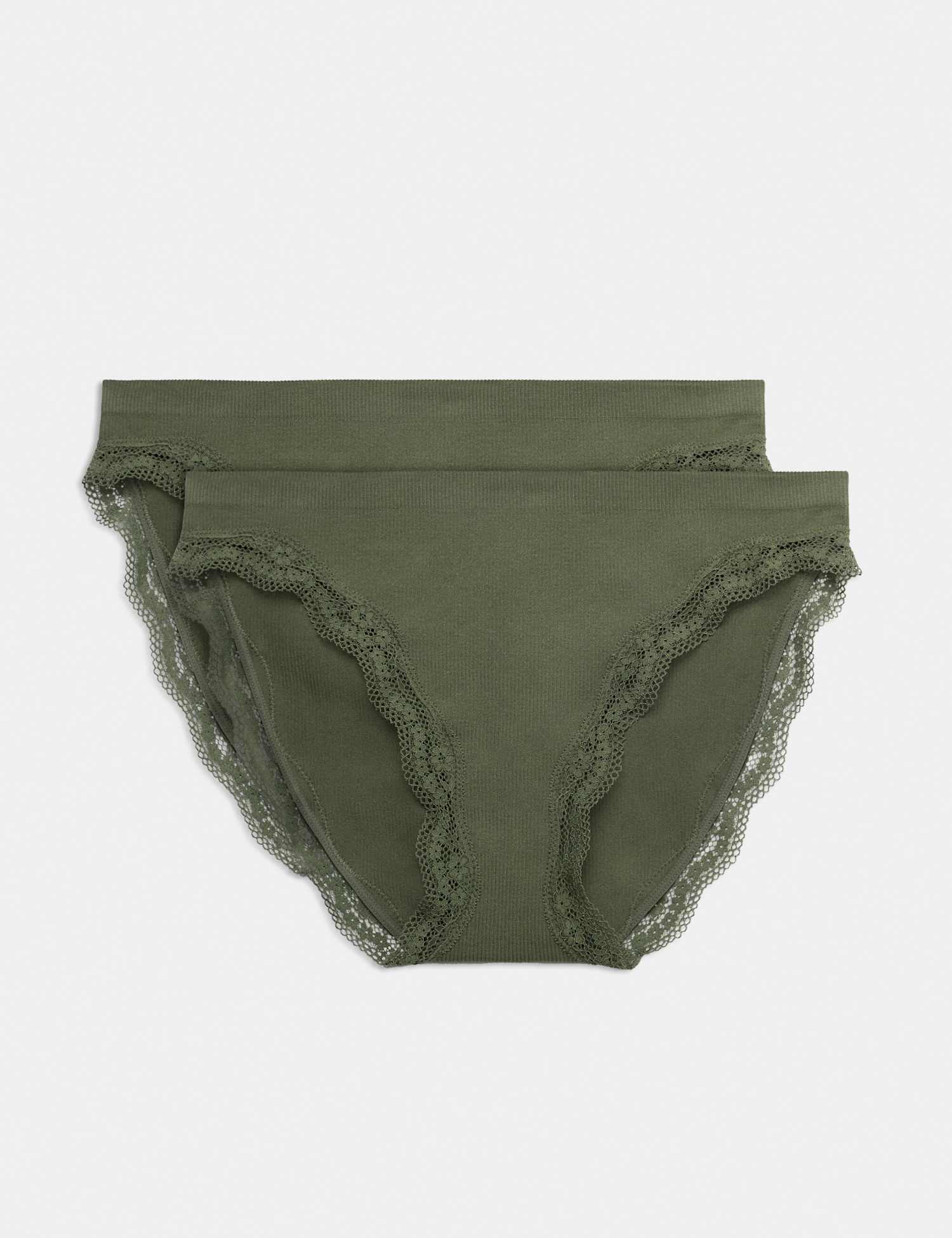 M&S 2 Pack Jasmine Lace Seamless High Leg Knickers Khaki