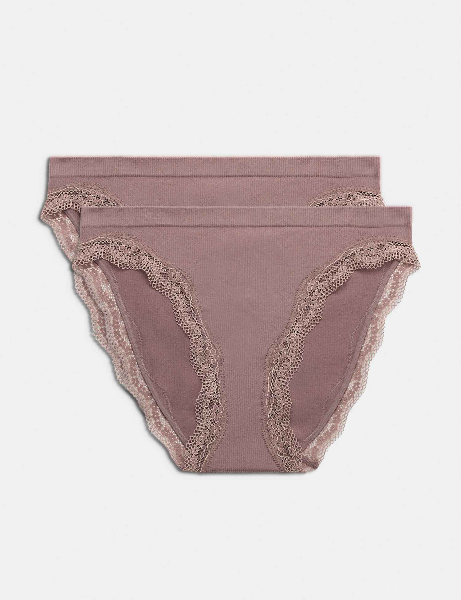 M&S 2 Pack Jasmine Lace Seamless High Leg Knickers Praline