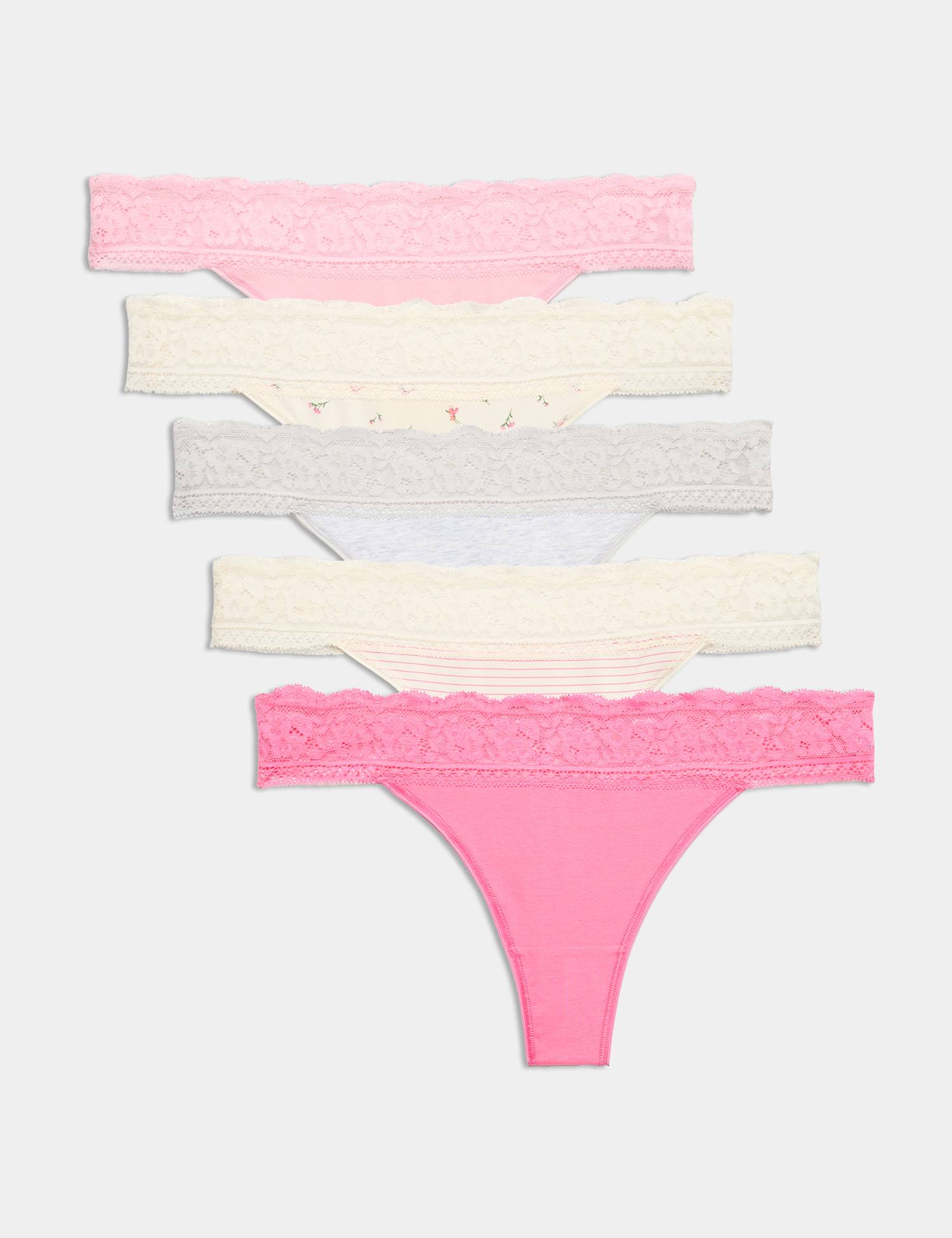 M&S 5pk Cotton & Lace Printed Thongs Pink Mix
