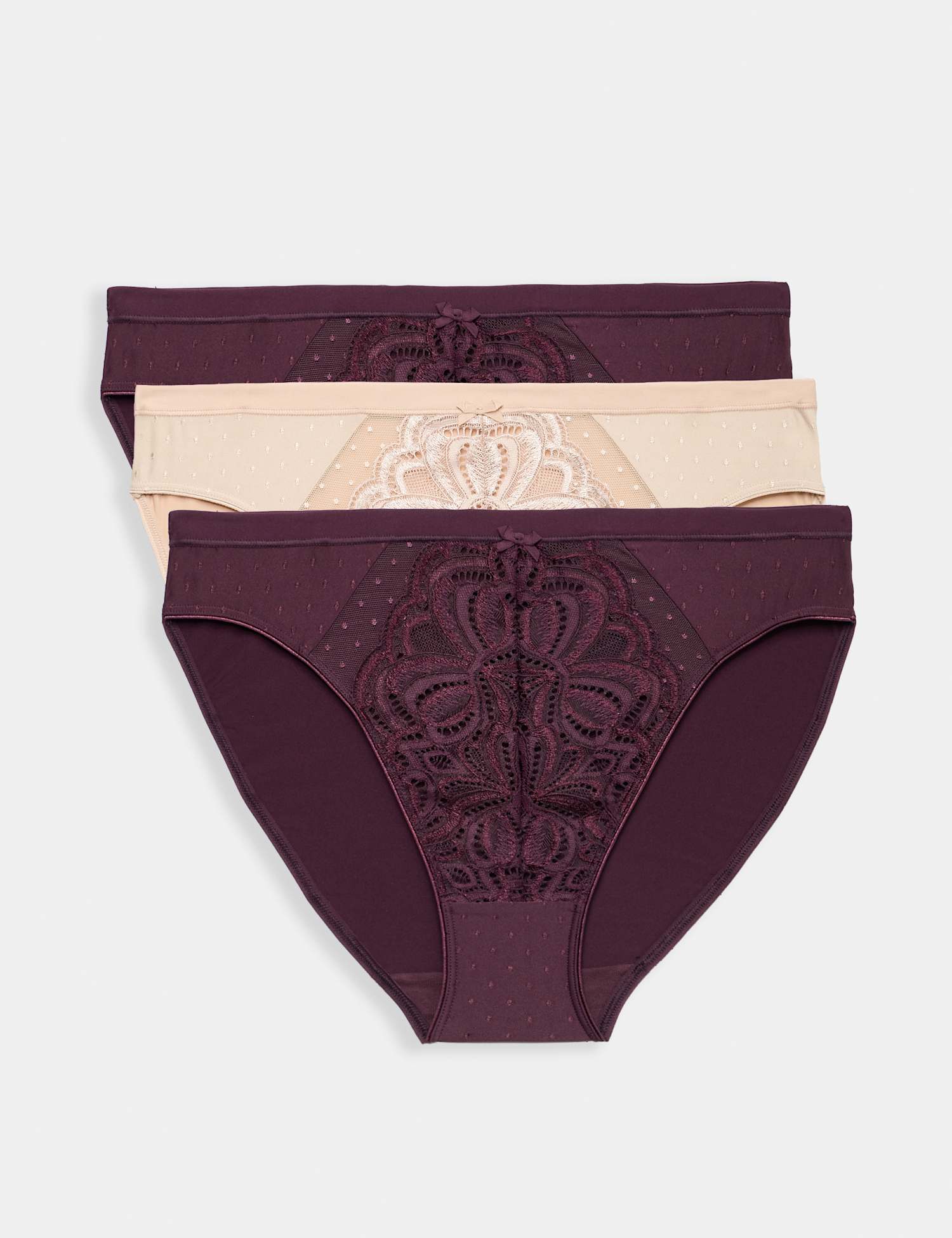 M&S 3pk Amelia Lace High Leg Knickers Dark Aubergine