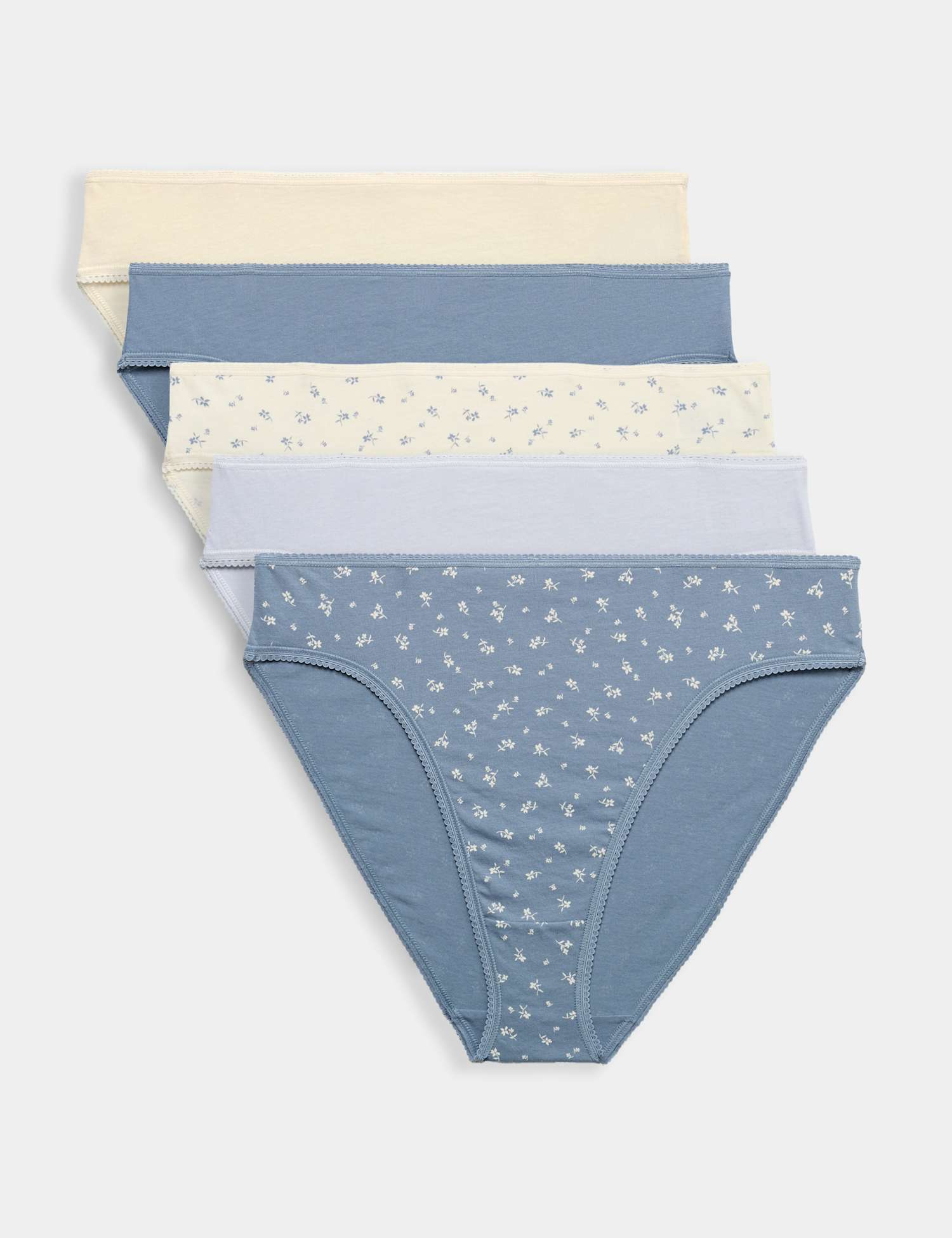M&S 5pk Pure Cotton High Leg Knickers Blue Mix