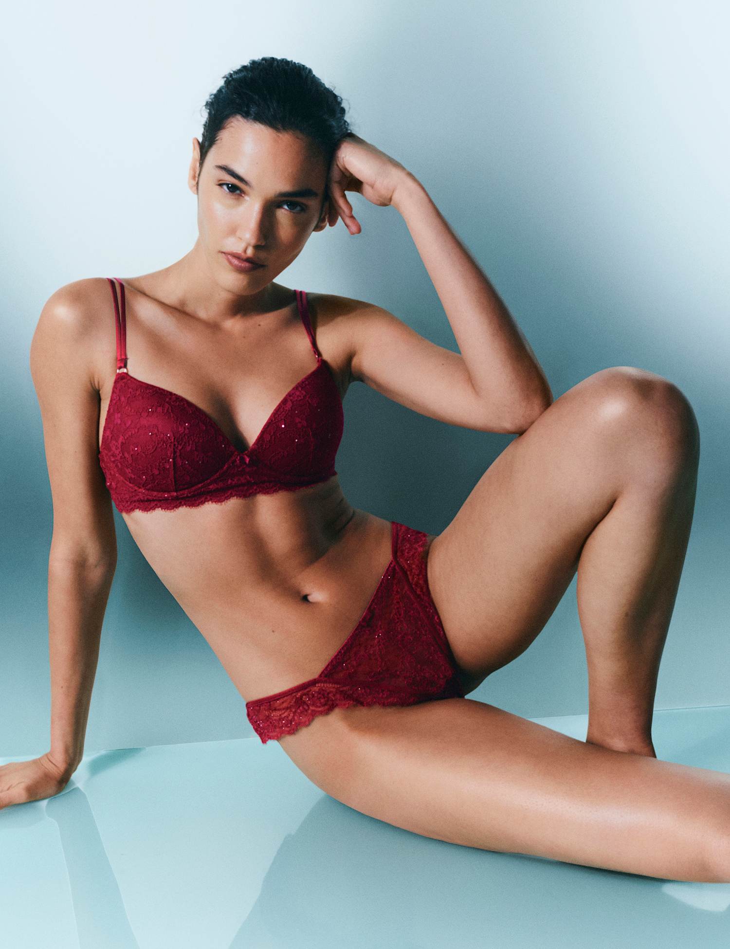 M&S Ida Sequin Lace Non Wired Push Up Plunge Bra A-E Wine