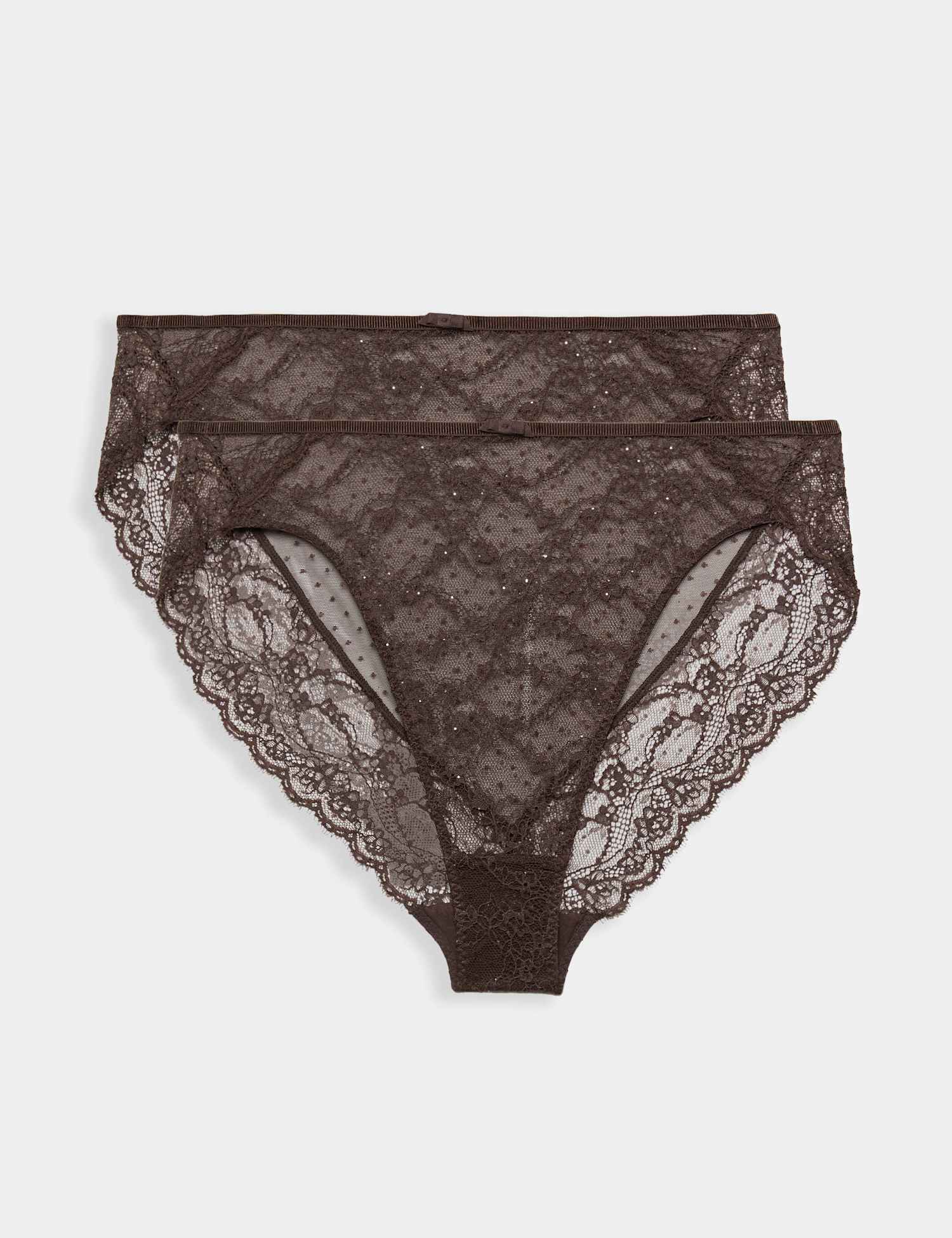 M&S 2 Pack Ida Lace Sequin High Leg Knickers Dark Brown