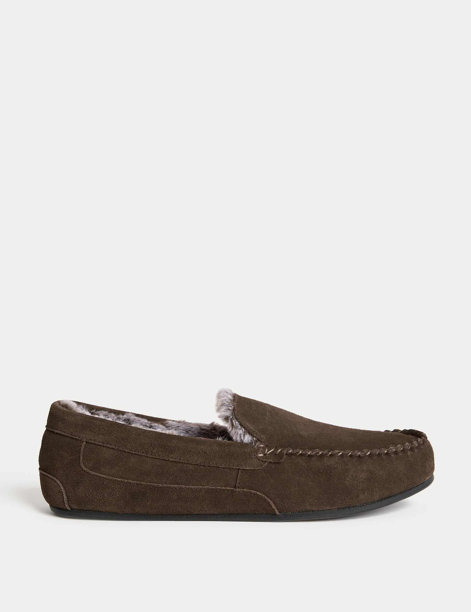 M&S Suede Fleece Lined Moccasin Slippers Dark Brown