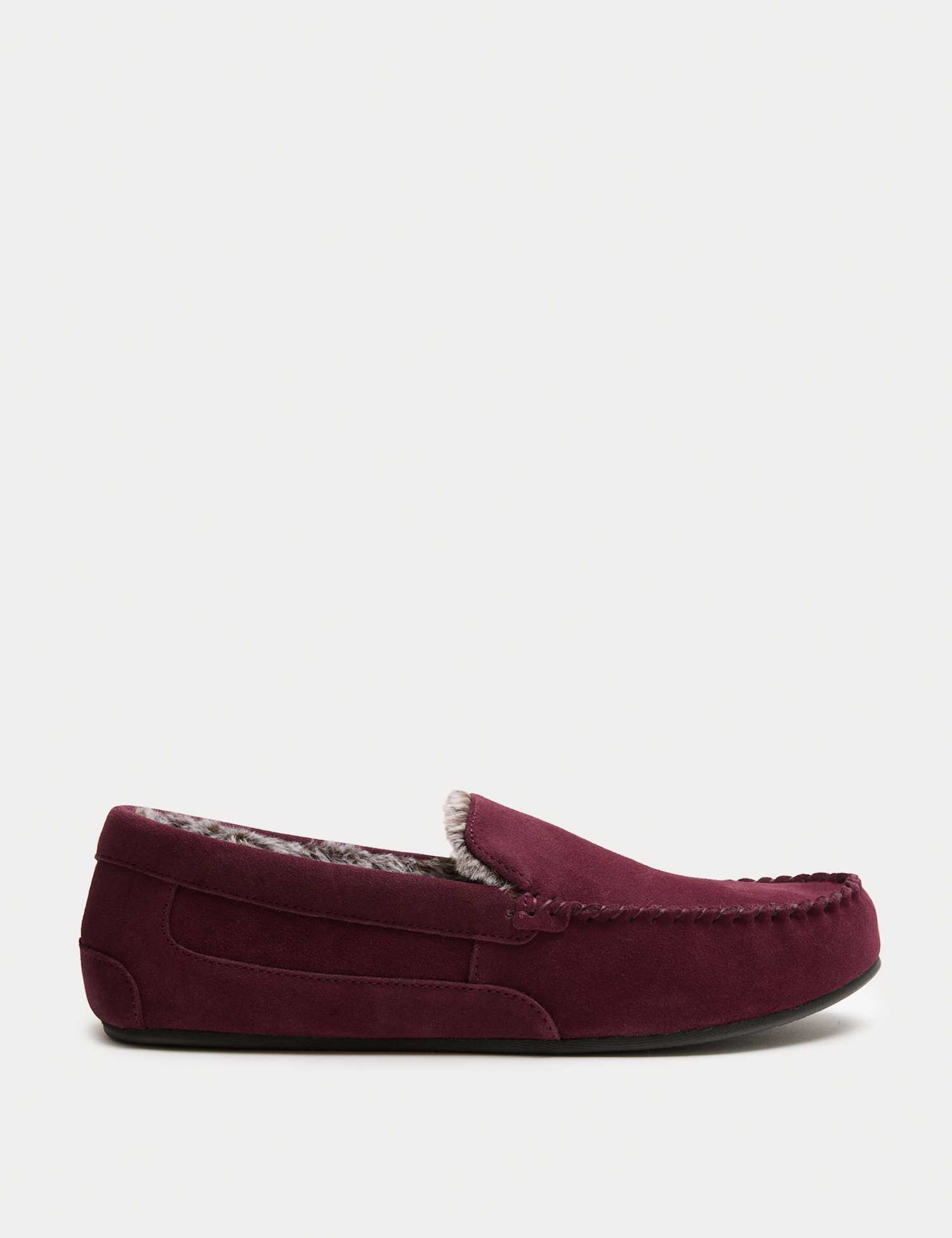 M&S Suede Fleece Lined Moccasin Slippers Burgundy