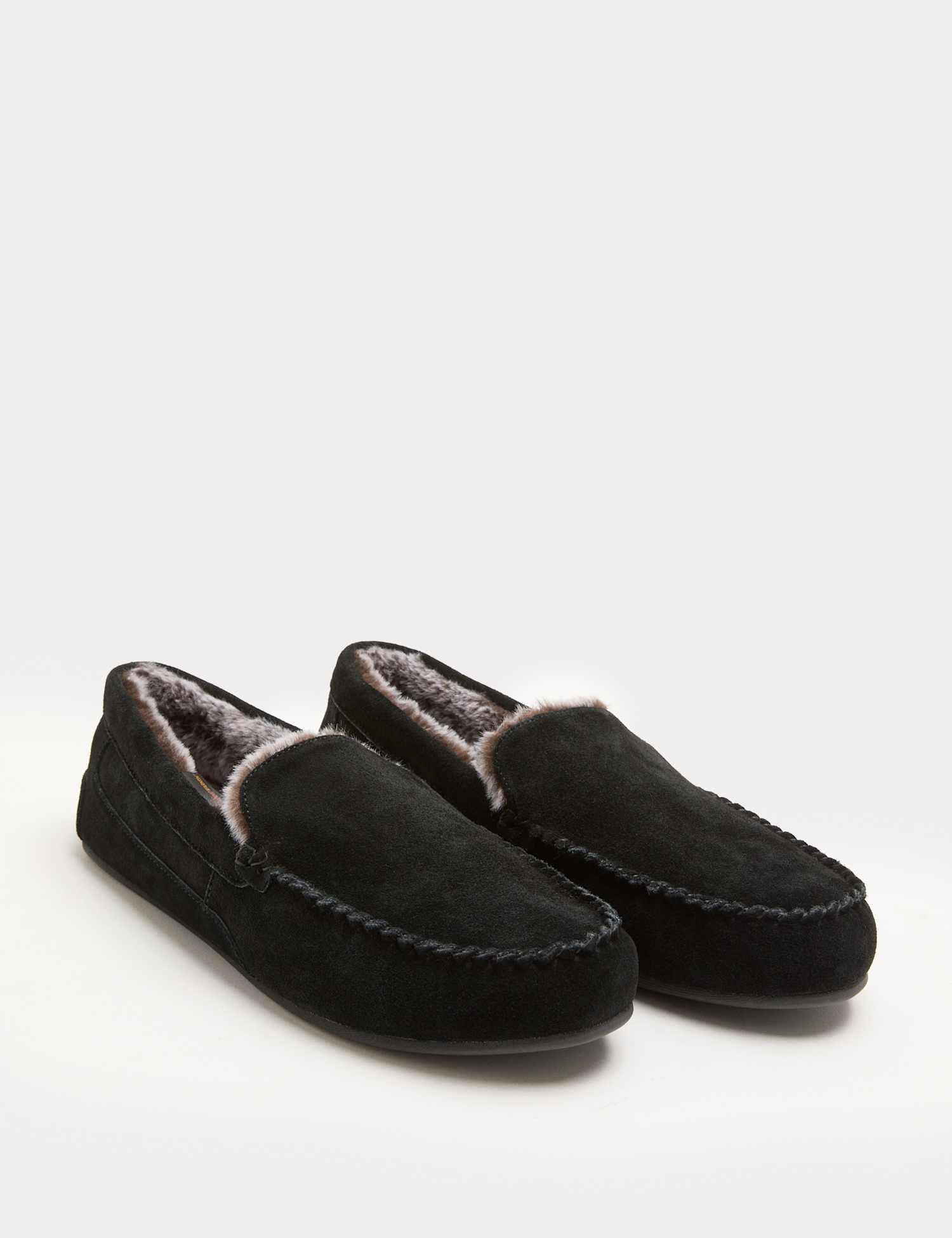 M&S Suede Fleece Lined Moccasin Slippers Black