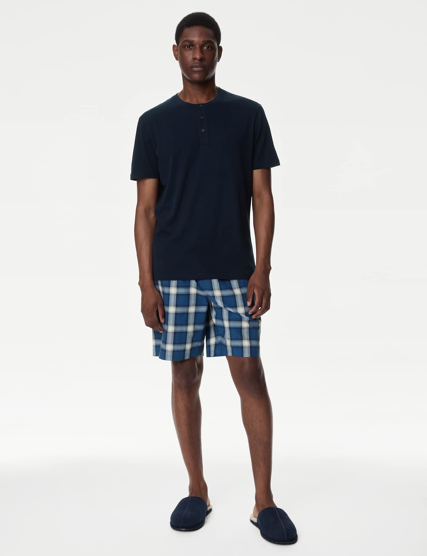 M&S Pure Cotton Checked Pyjama Set Navy Mix