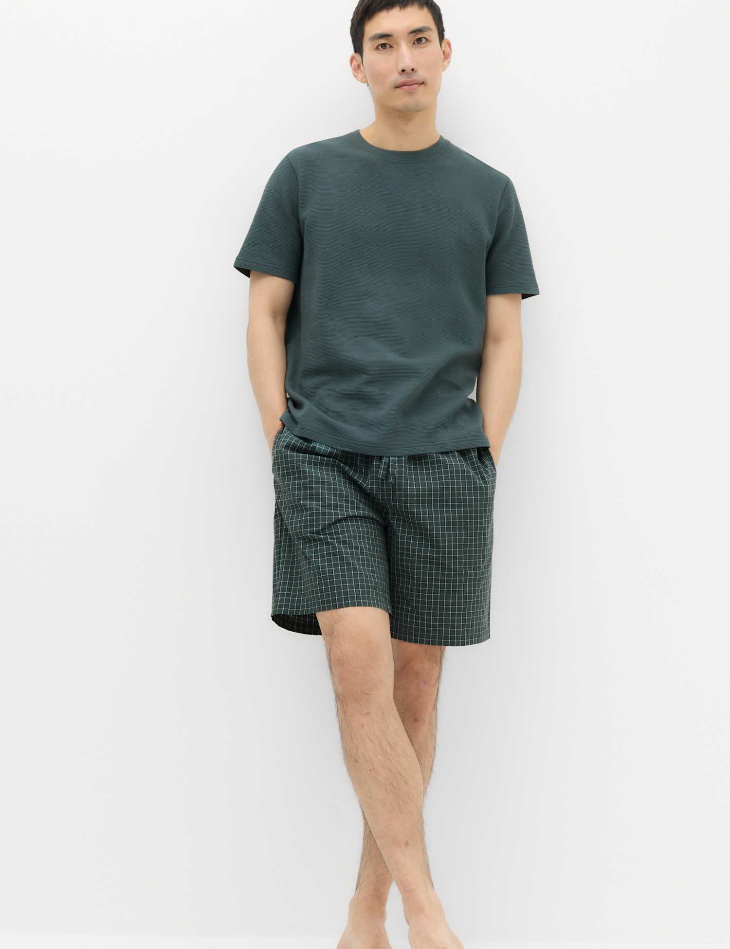 M&S Cotton Rich Waffle Checked Pyjama Set Green Mix