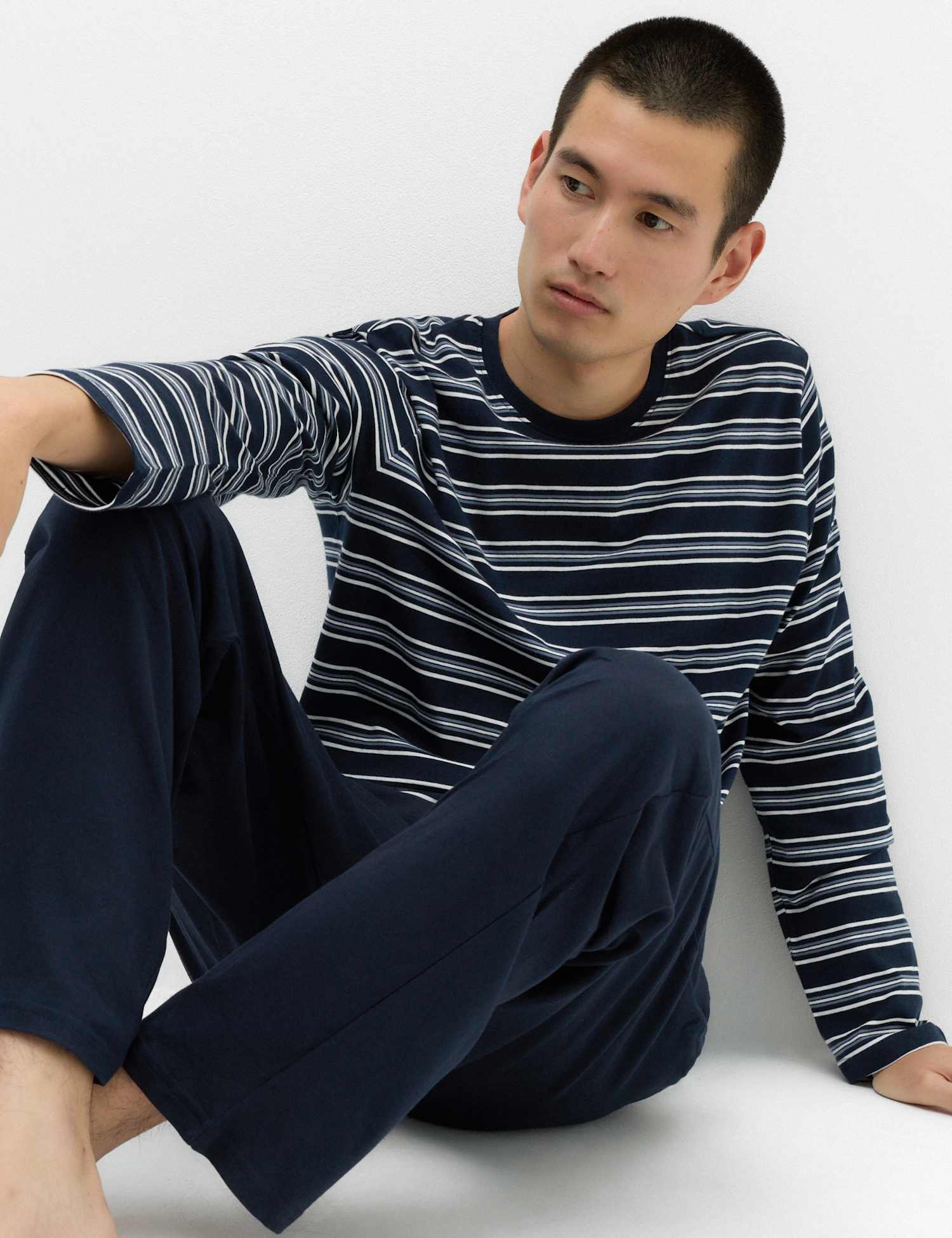 M&S Pure Cotton Striped Pyjama Set Navy Mix