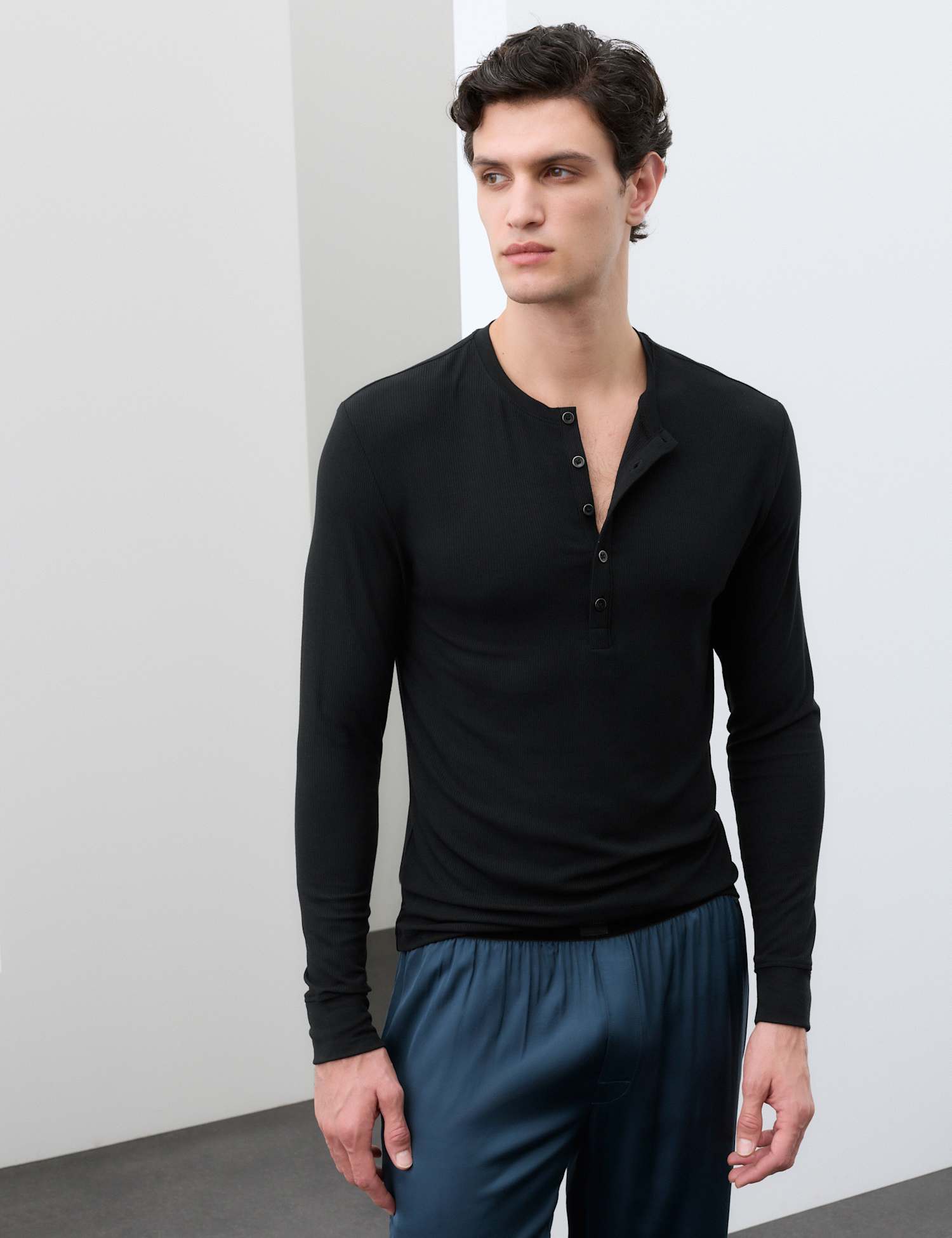 Autograph Cotton Modal Blend Slim Fit Ribbed Henley Black