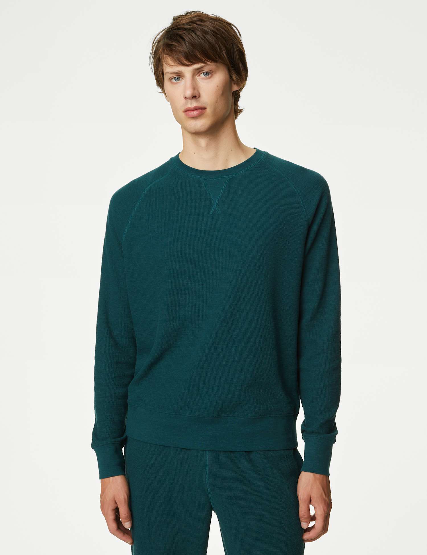 M&S Pure Cotton Waffle Loungewear Sweatshirt Dark Green